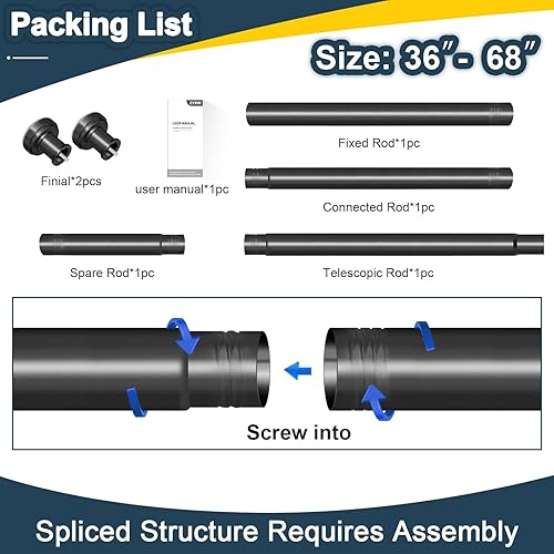 Miniatura 9 de Barra de cortina de ducha negra de 36 a 68 pulgadas (3-5.6 pies), nunca se oxida, no se oxida, no perfora, barra de ducha de tensión de resorte,