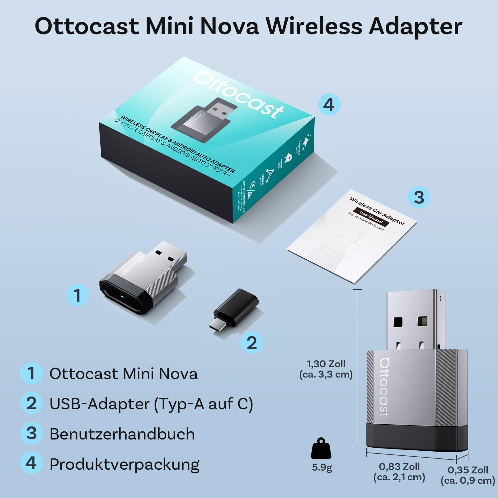 OTTOCAST 2 in 1 Wireless CarPlay und Android Auto Adapter, Mini Nova 2026 Ultra-Kompakter Kabelloser Adapter, Unterstützt ChatGPT Gemini, Plug & Play für kabelgebundene CarPlay/Android Auto Fahrzeuge