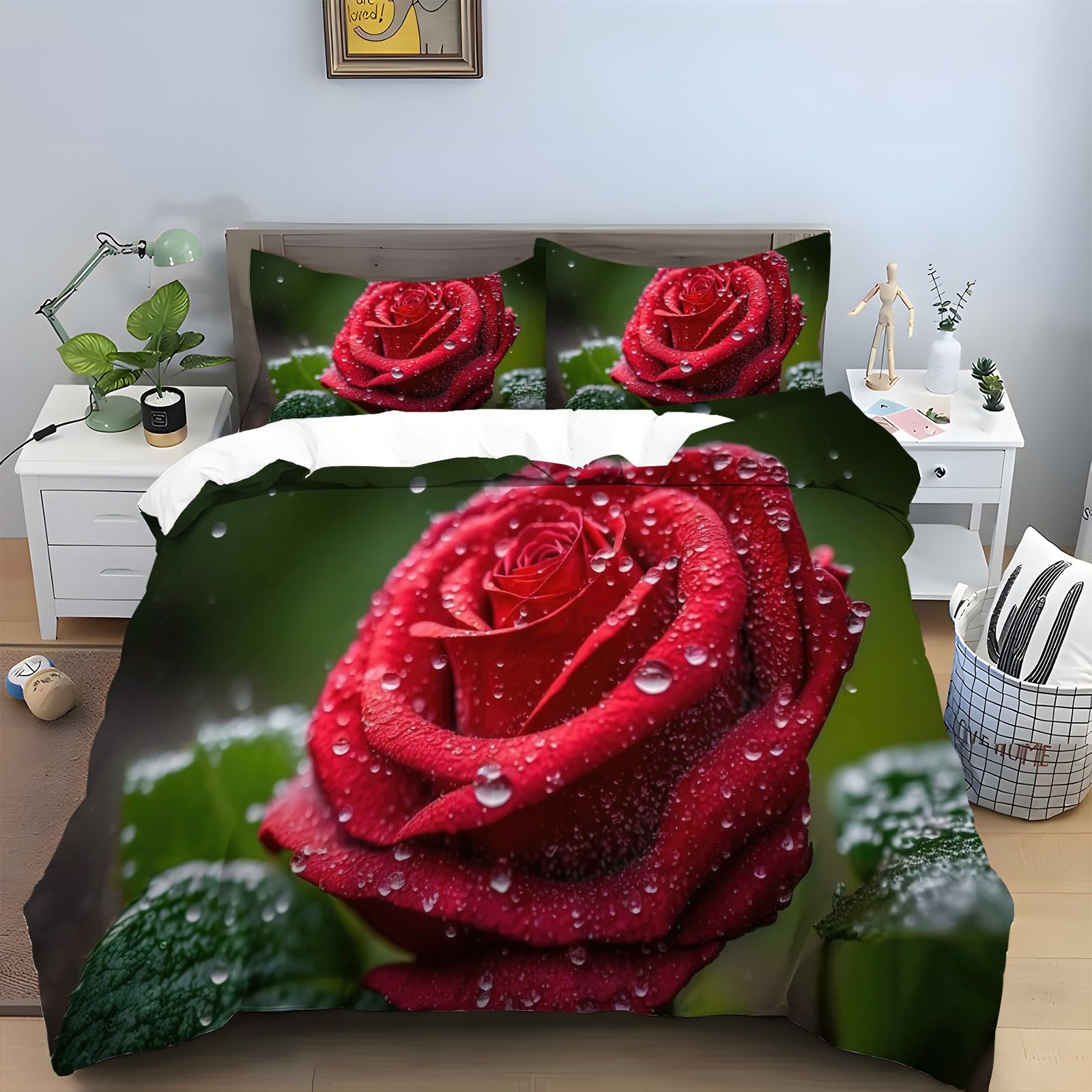 Zestawy poszewek na kołdrę zielona róża super king zestaw pościeli wzór liść nadruk poszewka na kołdrę + 2 poszewki na poduszki 48 cm x 74 cm, 110 g mikrofibra nadaje się do prania hipoalergiczna