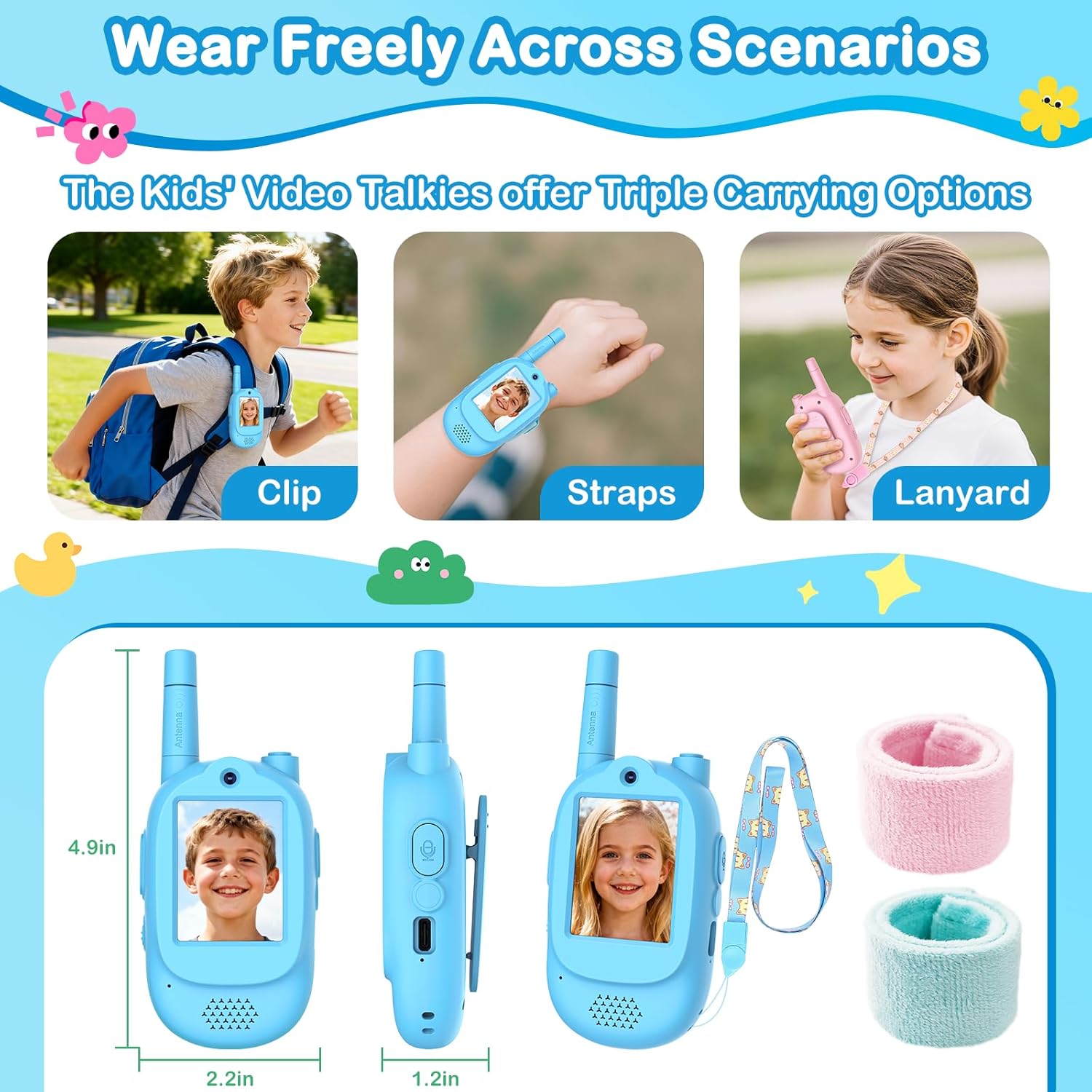 Video Walkie Talkies for Kids, 2 Pack Rechargeable Real-Time Video Chat & Voice Changer Walkies Talkies with Watch Straps, Long Range Family Games, Outside, Gifts for Boys Girls Ages 3-12 Blue&Pink