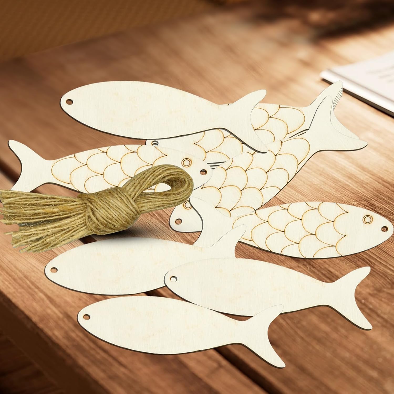 30Pcs Wooden Fish Cutouts DIY Craft, Unfinished Blank Wooden Signs Fish Shaped Wood Cut Out Wood Craft Supplies, Fish Shaped Wooden Cutouts for Crafts with Hemp Rope, Animals Hanging Ornaments