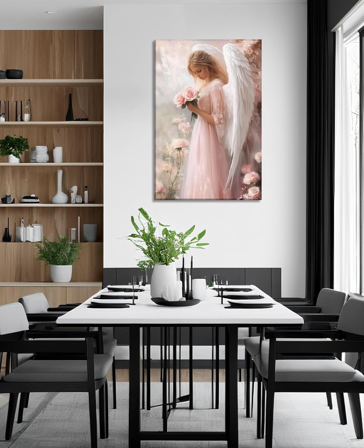 Angel Canvas Wall Art White Wings Picture Girl with Flower Posters Pink Prints for Living Room Bedroom Home Office Decor Framed(12.00x18.00 inch)