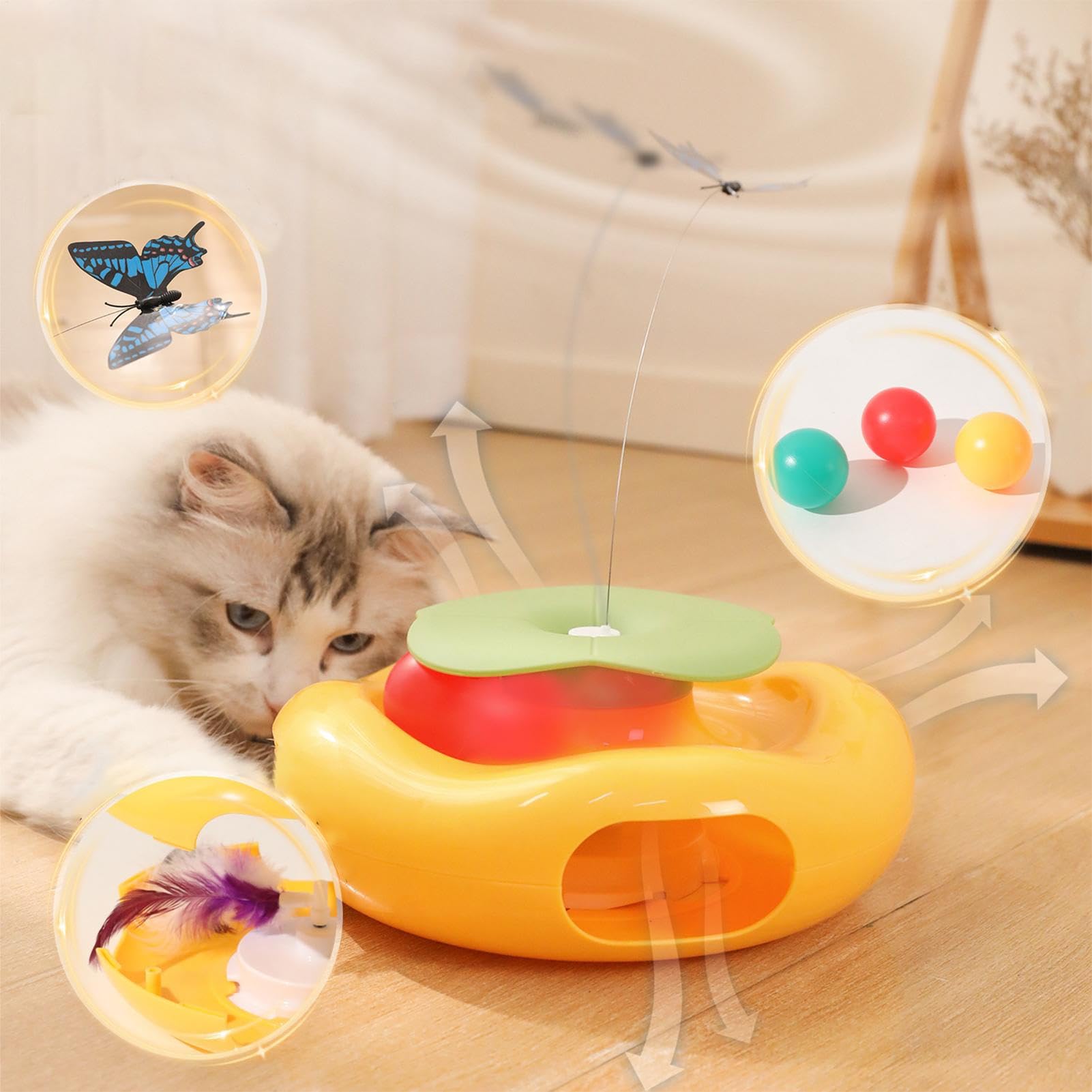 Teaser automático para Gatos | Teaser eléctrico para Gatos de Interior, Accesorios de Ejercicio, Suministros de Entretenimiento Coloridos para Mascotas, para Sala de Estar, Parque, balcón, Patio