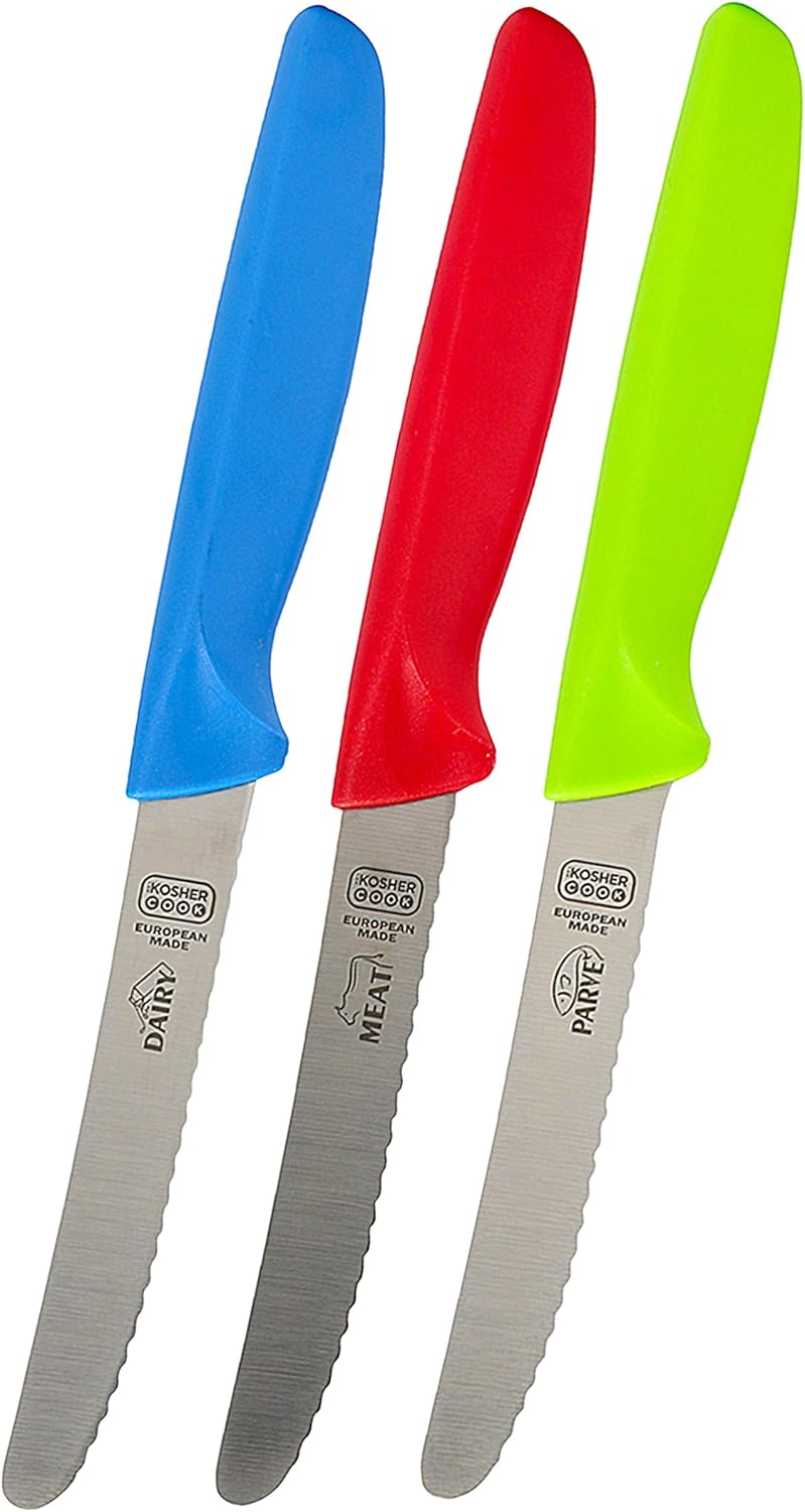 Kitchen Knife 3-Piece Set - 4.5 inches - Steak and Vegetable Knife - Razor Sharp Curved Tip, Serrated Edge - Color Coded Kitchen Tools by The Kosher Cook