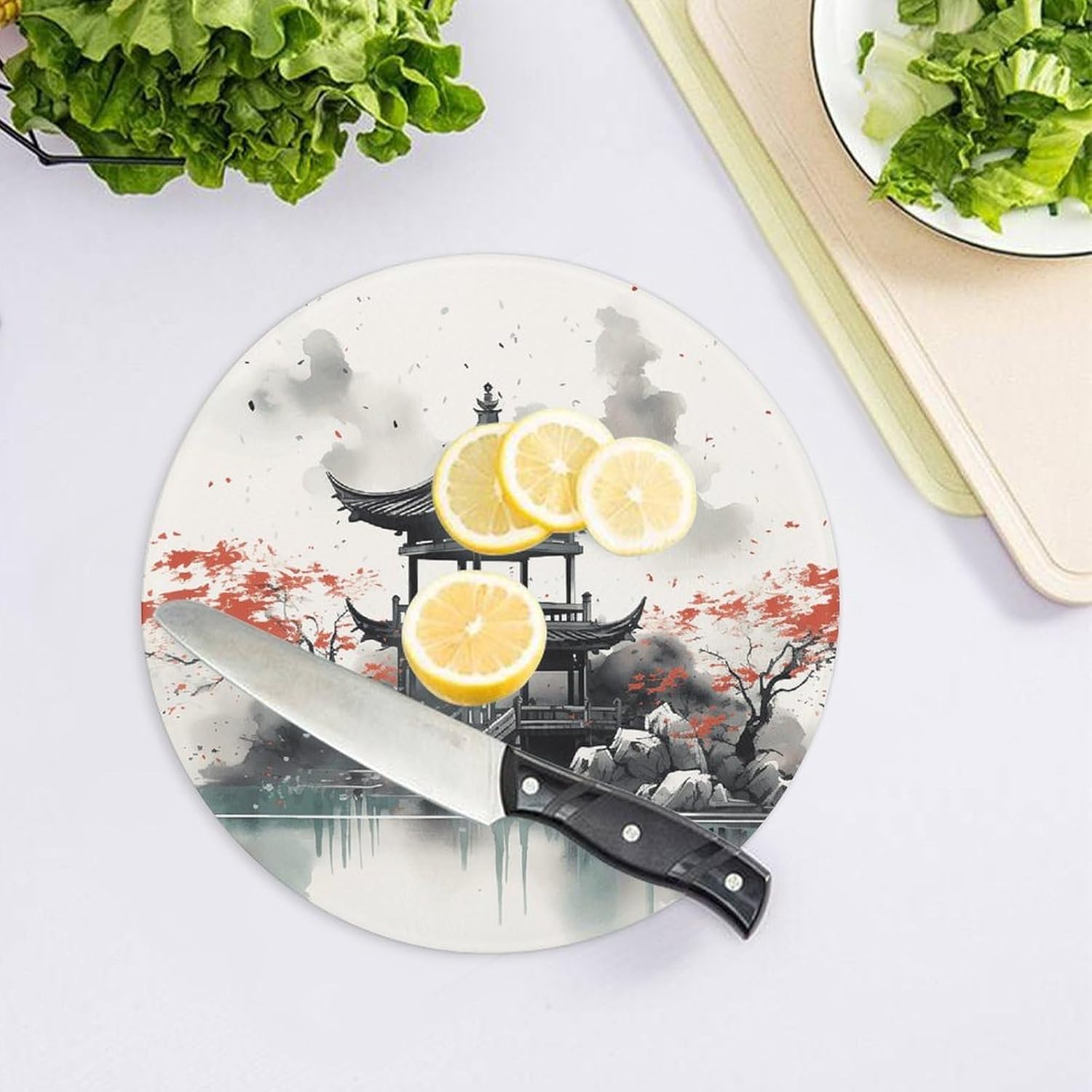 Chinese Ink Painting 8" Tempered Glass Cutting Board for Kitchen