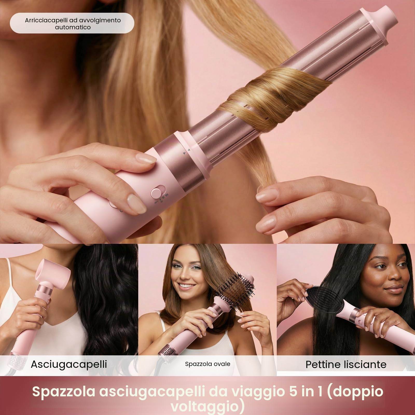 MESCOMB Air Styler 5 in 1 Doppia Tensione,Asciugacapelli Ionico da Viaggio | Arricciacapelli Automatico, Spazzola Lisciante e Volume, Asciugatura Rapida, Anti-Crespo,Borsa da Viaggio per Styling 5 in 1