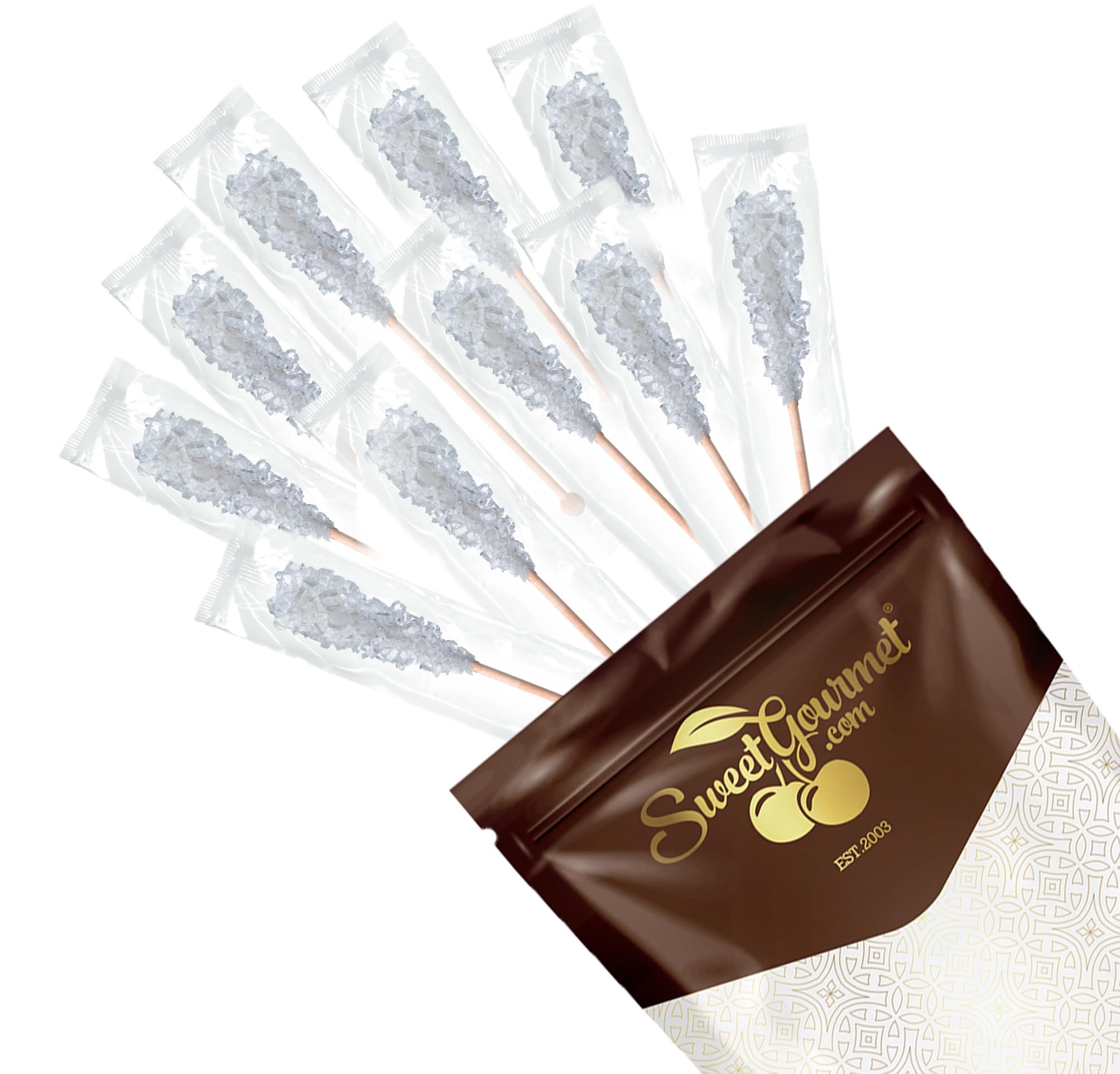 SweetGourmet White Pure Cane Sugar Swizzle Sticks | Rock Candy Wrapped | Pack of 10