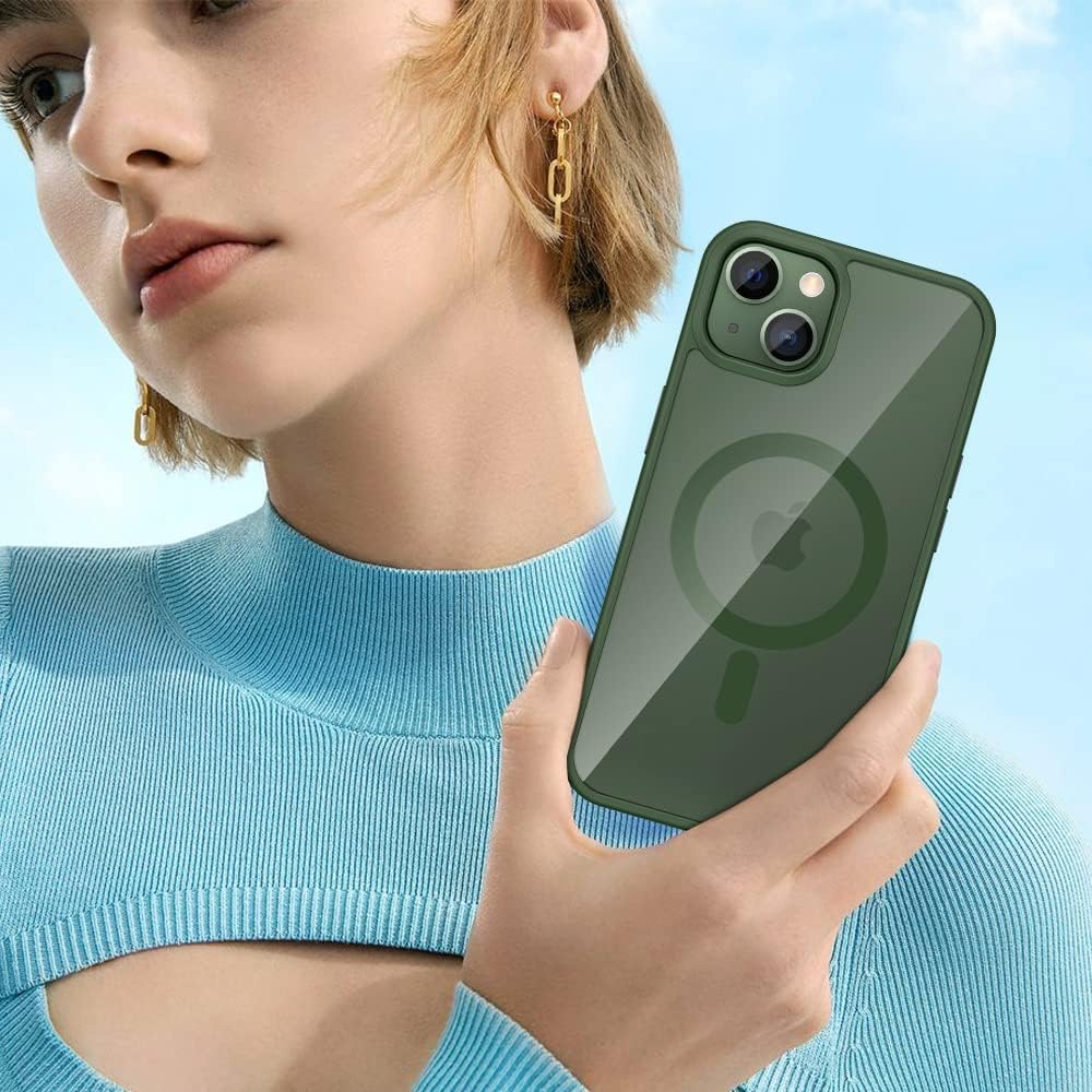 VEGO for iPhone 13 / iPhone 14 Magnetic Case, Built in Magnets Compatible with MagSafe, Clear Hard PC Back Cover + Soft TPU Frame Slim Bumper Case for iPhone 13 & iPhone 14 6.1" - Alpine Green