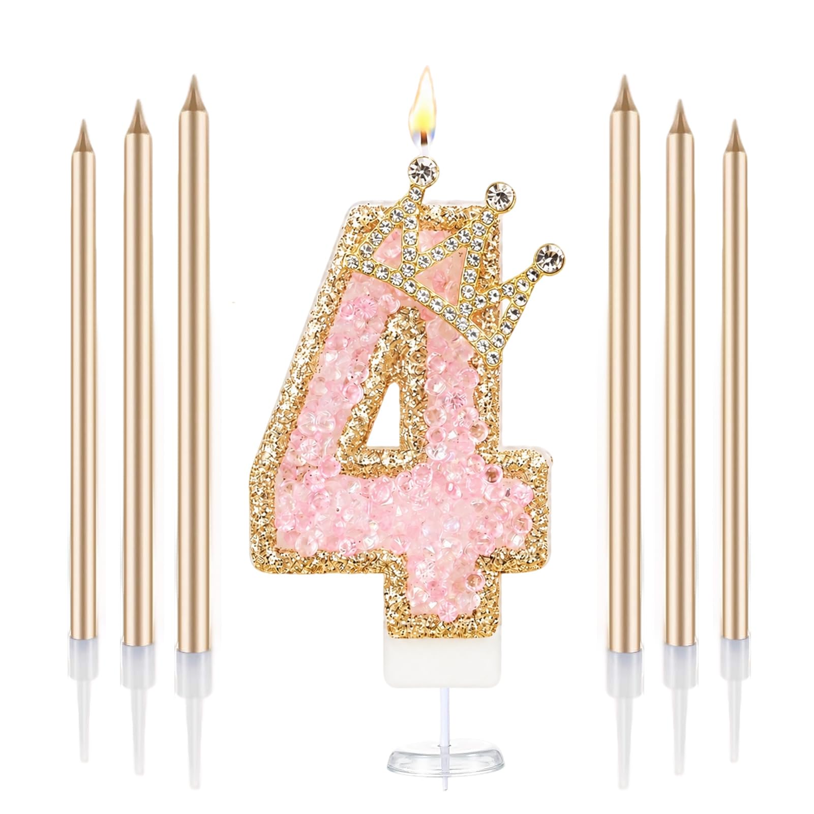 Crown Number Birthday Candles, Glitter Pink Gold Birthday Candle with 6 Pcs Long Candles, Stylish Princess Themed Cake Topper for Girls Birthday Party Supplies (4 Candle)