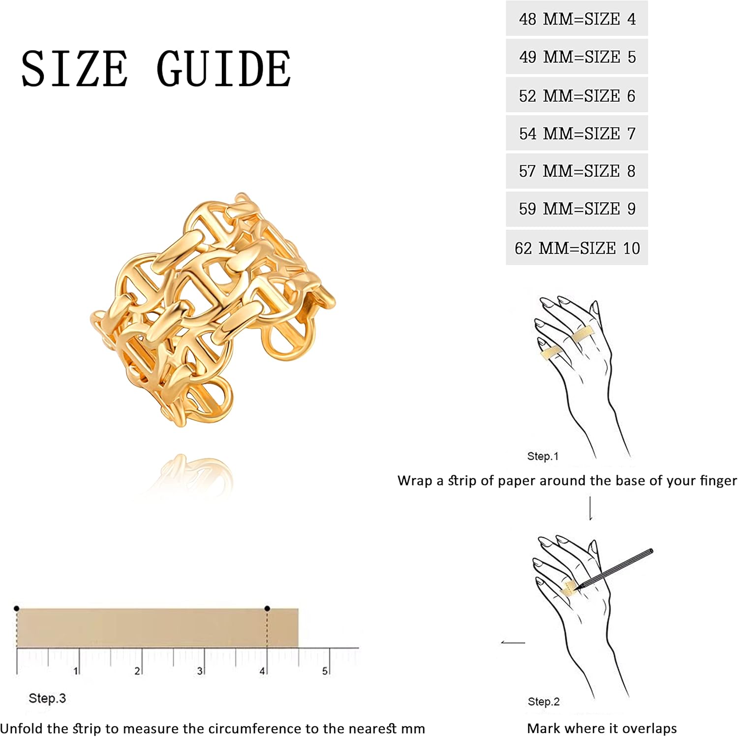 18K Gold Plated Open Rings for Women Wide Band Link Chain Ring Simple Stacking Finger Jewelry Size #4 - #9 - Image 4