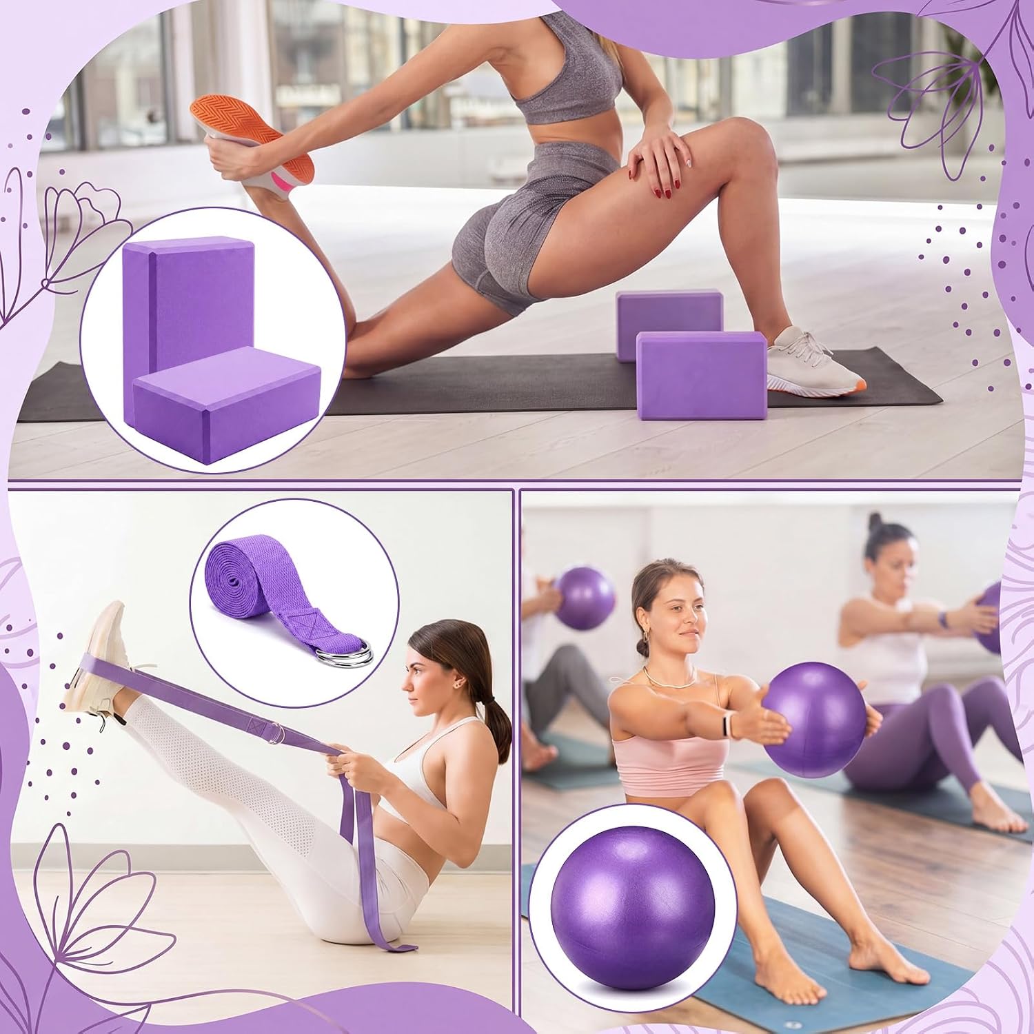 9 Pcs Yoga Set with EVA Foam Yoga Blocks Brick Tpe Cushion Knee Pads Strap Non Slip Socks Sport Ball Drawing Bag, Portable Fitness Equipment for Studio Gym Home Sport