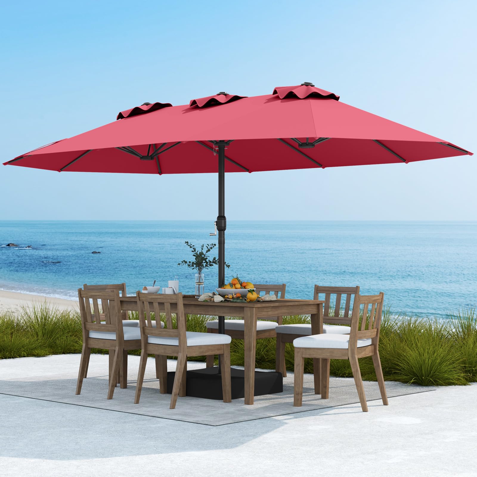 COSTWAY Ombrellone Doppio Rettangolare 443 x 263 cm con Sistema a Manovella, Base e 12 Costole, per Giardino e Cortile (Rosso)