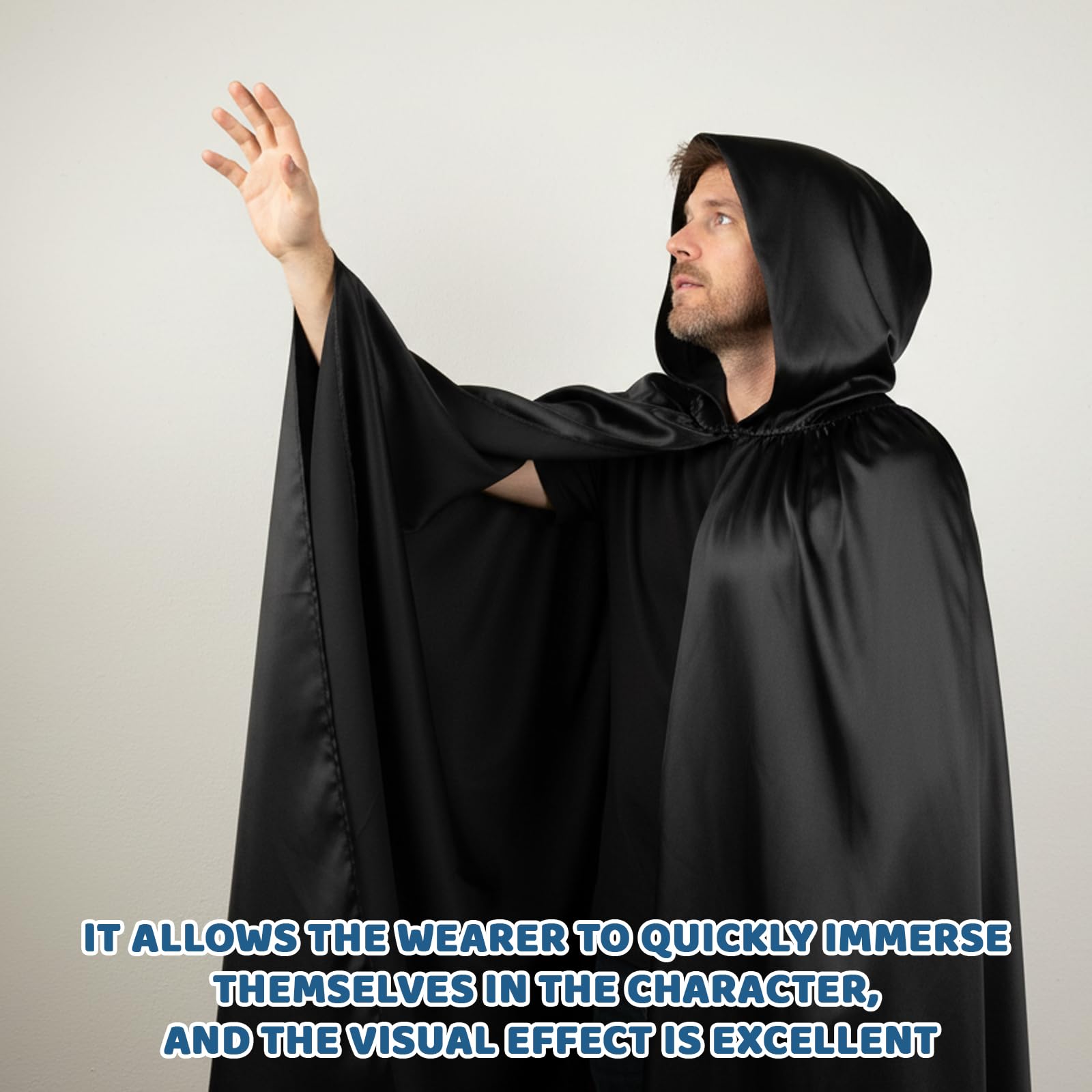 Black Cloak, Traitors Cloak 140 cm, Black Hooded Cloak, Costumes for World Book Day, Elegant Satin Cape for Various Occasions, Perfect for World Book Day Costumes and Theatrical Performances - Image 4