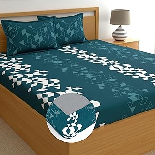 Dreamscape 100% Cotton King Fitted Bedsheet with 2 Pillow Covers - (Size 72 x 78 inches, 140 TC, Colour - Teal Blue)