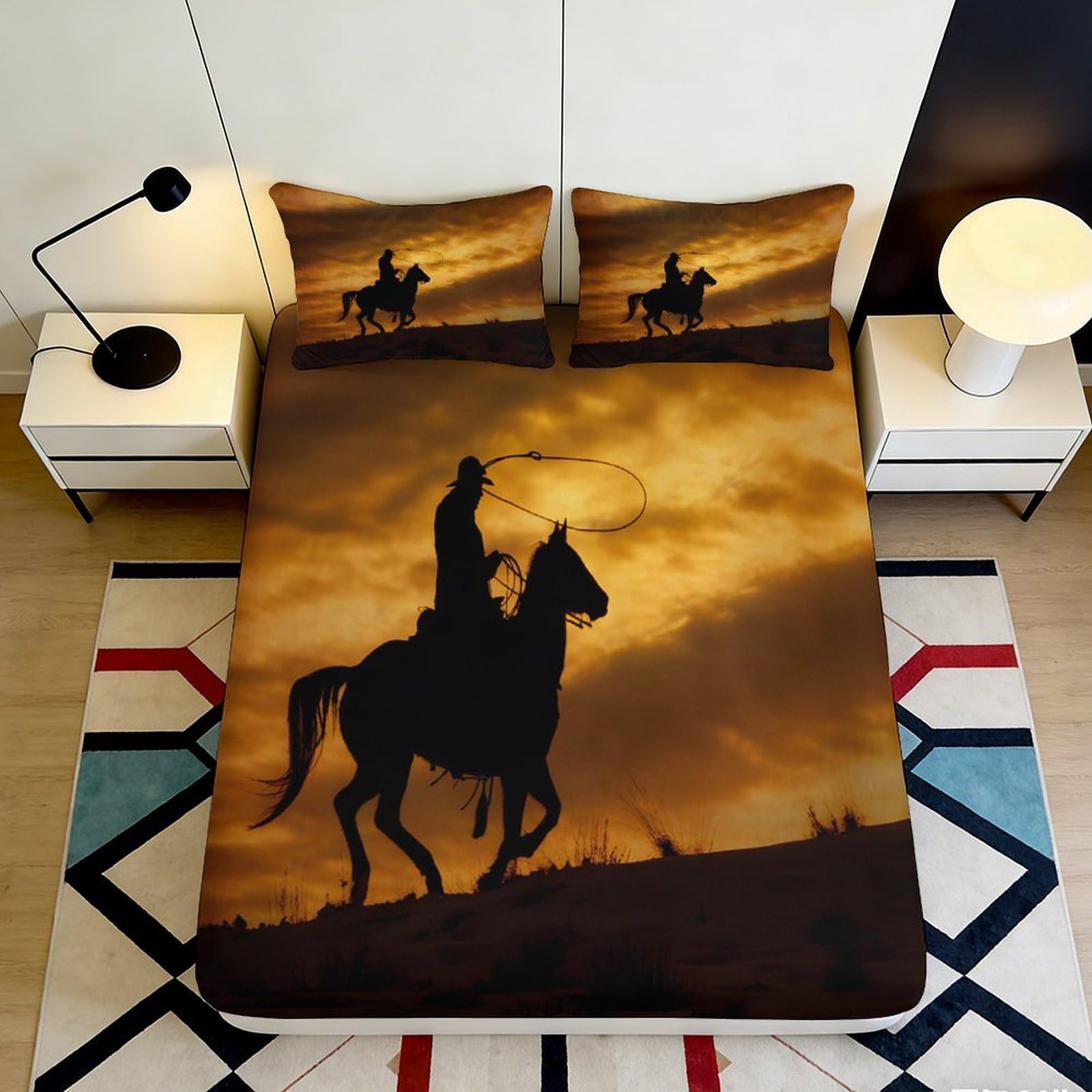 3D Printed Cowboy Sunset Fitted Sheet Microfiber Soft Anti-Slip Western Horse Mattress Cover Bedroom Decor 200x200x25cm