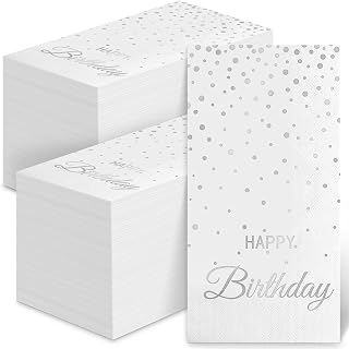 100 Happy Birthday Guest Napkins - Disposable Silver Foil Dots Paper Hand Towels, 3 Layers White and Silver Birthday Dinner Napkins for Men Women Birthday Party Table Decorative