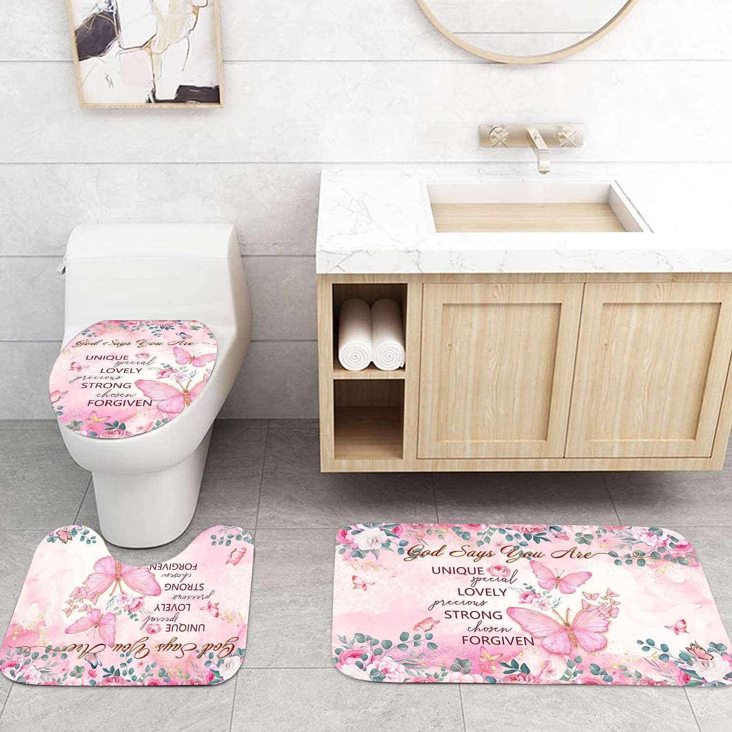 Mocsicka Pink Butterfly Shower Curtain Set for Bathroom, 4Pcs Butterfly Bathroom Sets with Non Slip Rugs, Toilet Lid Cover, Bath Mat, Shower Curtain, Bathroom Decor with 12 Hooks (Pink)