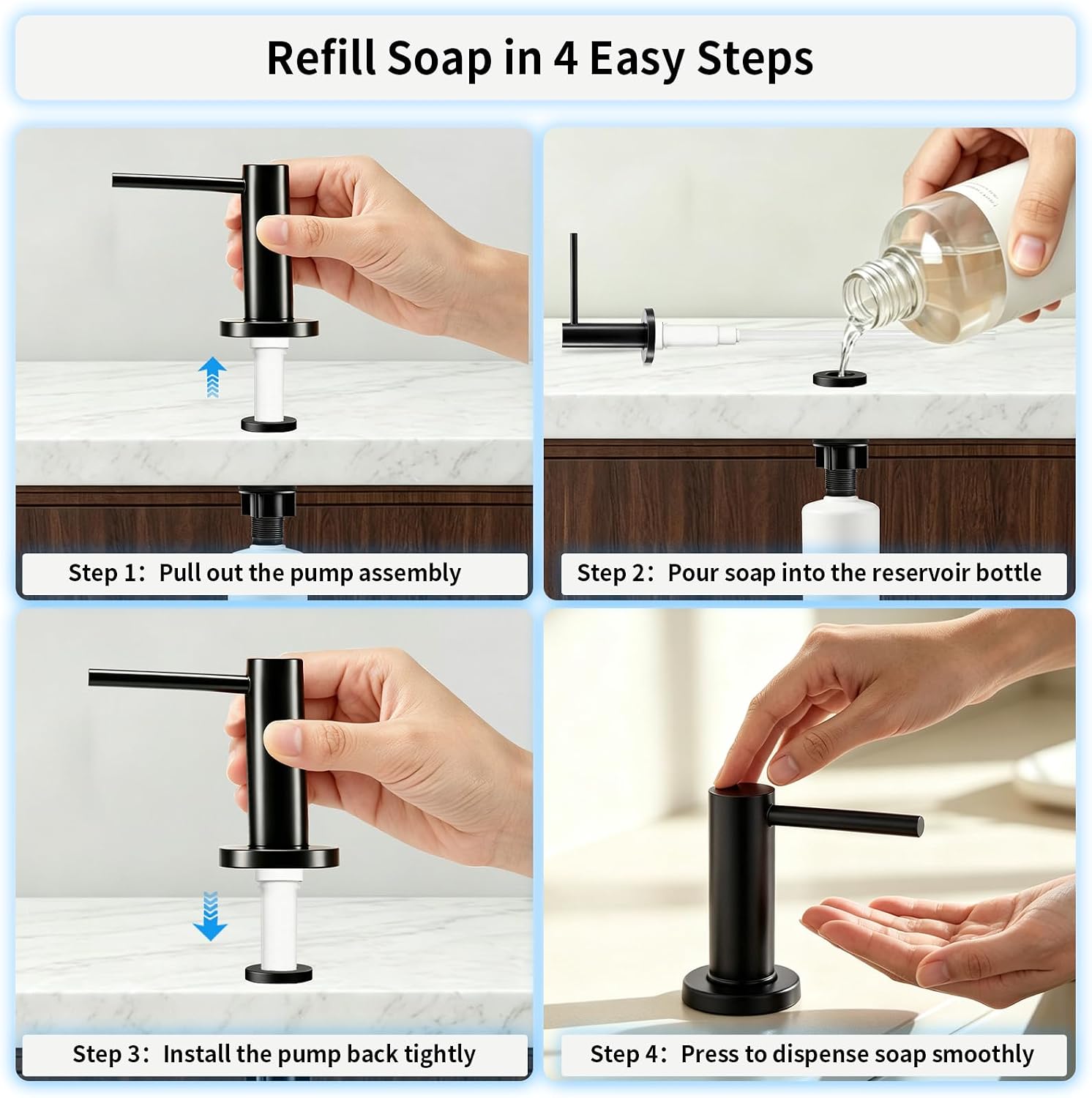 Black Built in Soap Dispenser for Kitchen Sink, Stainless Steel Soap Pump with 40 in Extension Tube and 500 ml Bottle, Refillable from Top