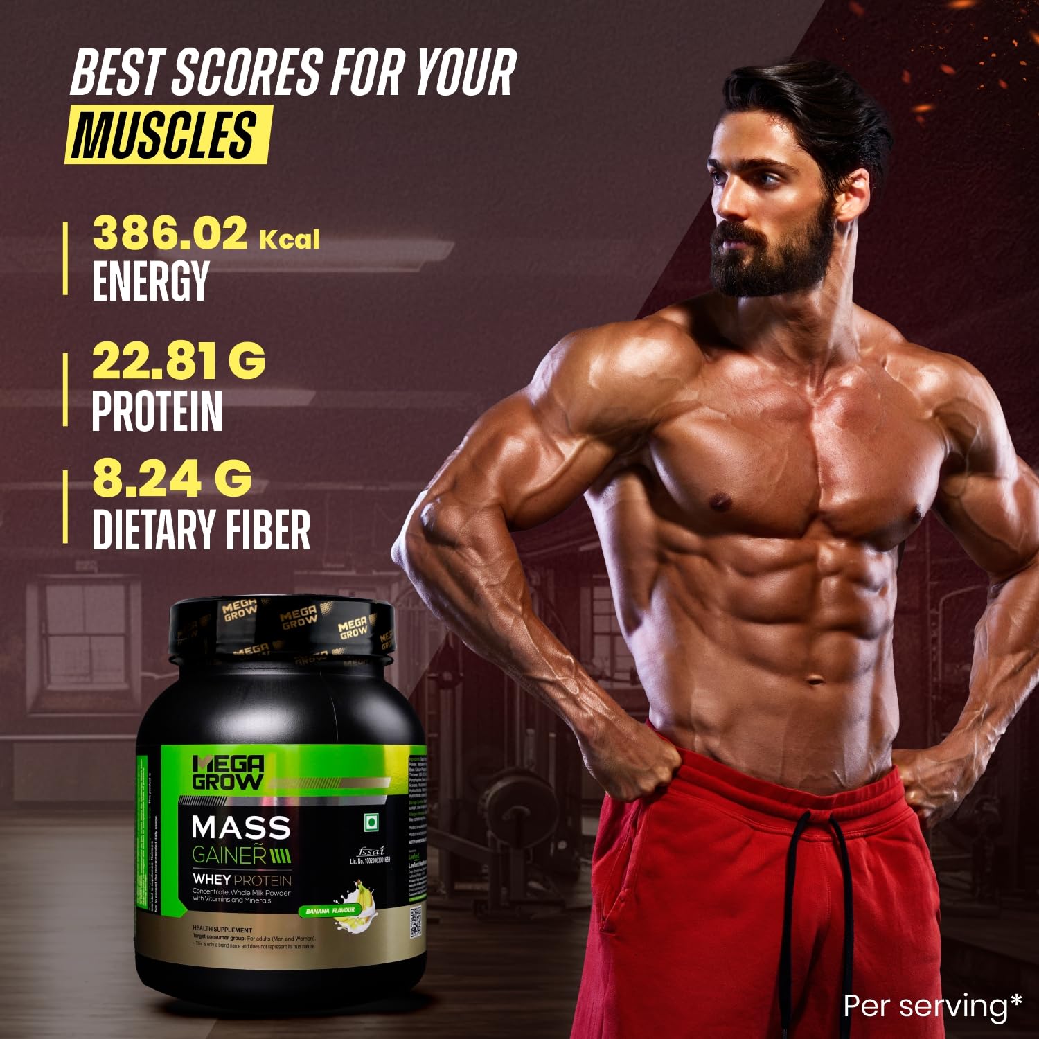 Megagrow Mass Gainer Whey Protein Powder 1Kg – 384.5 Kcal, 22.81g Protein, 9g Carbs – High-Calorie Muscle Mass Gainer for Weight Gain, Size & Strength – Banana Flavour for Men & Women 1