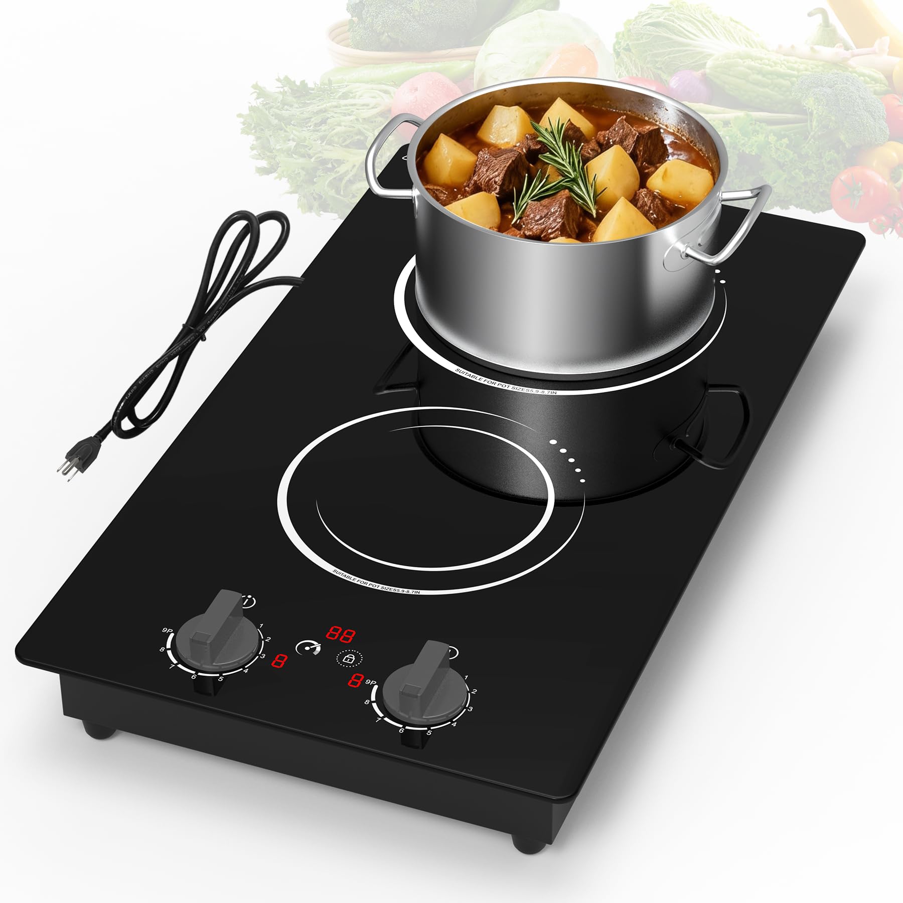 VBGK Double Induction Cooktop,110V 2300W 2 burner induction cooktop,2 burner Hot Plate Electric burner with LCD Touch Screen 9 Levels Settings Child
