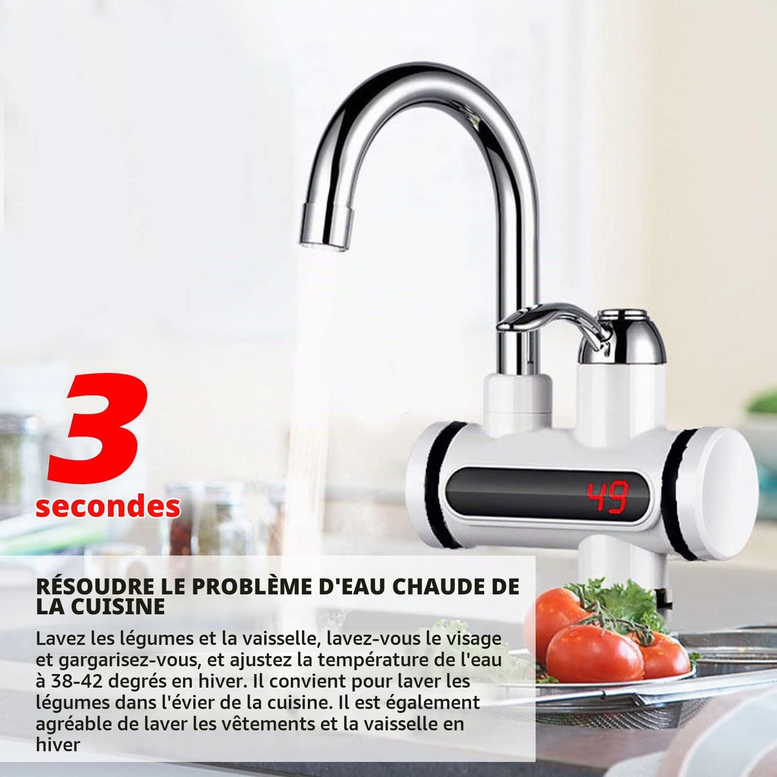 Robinet éLectrique Chaud Instantané 220v 3000w Chauffe-Eau de Cuisine LED Robinet éLectrique en Acier Inoxydable ChaudièRe à Eau Chaude Rotative à 360 ° Robinet de Cuisine