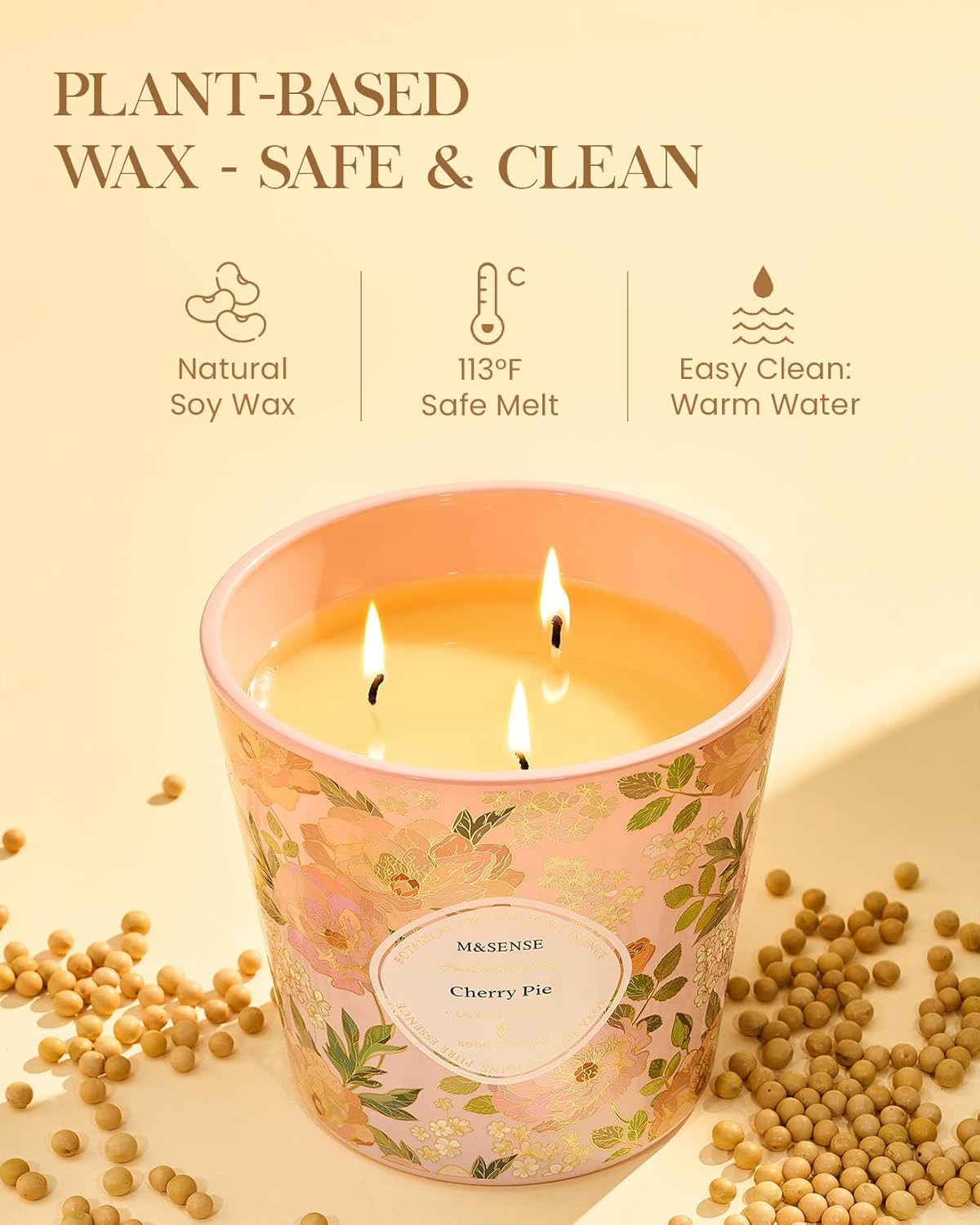 M&SENSE Cherry Pie Scented Candle, 28.2oz 3 Wick Natural Soy Wax Large Candles, Long Lasting Clean Slow Burning No Toxic Décor for Home Relaxation, Romantic Dates & Gift-Giving - Image 4