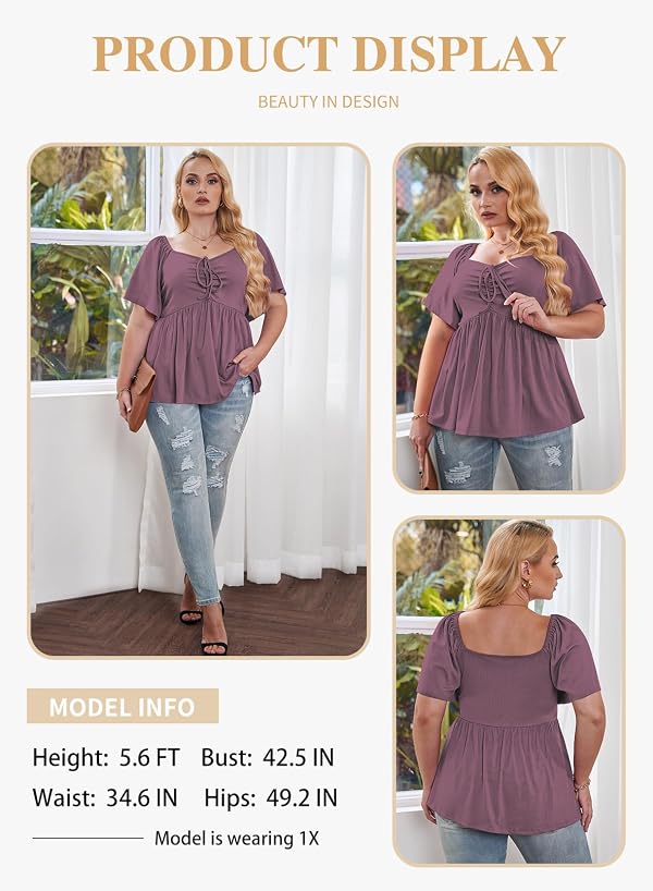 Eytino Plus Size Tops for Women Sweetheart Neck Short Sleeve Summer Loose Peplum Blouse Shirts Sping Clothing,3X Purple by Eytino - Used condition - Image 3