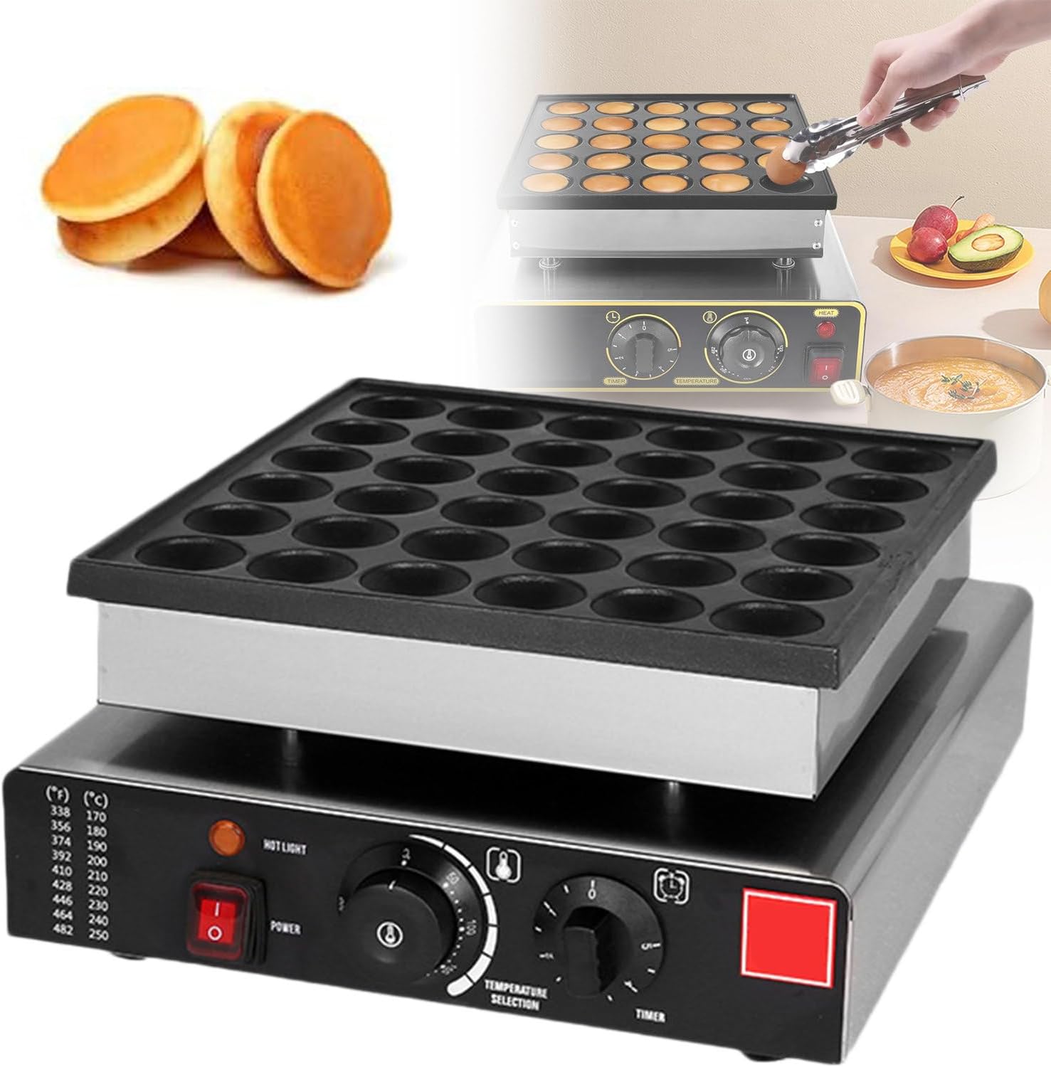 Mini Dutch Pancakes Maker Machine, Commercial Electric Waffle Machine Non-Stick Dorayaki Maker Mini Pancakes Maker with 50-300℃ Temperature Timer Separate Control,25hole/B,36hole