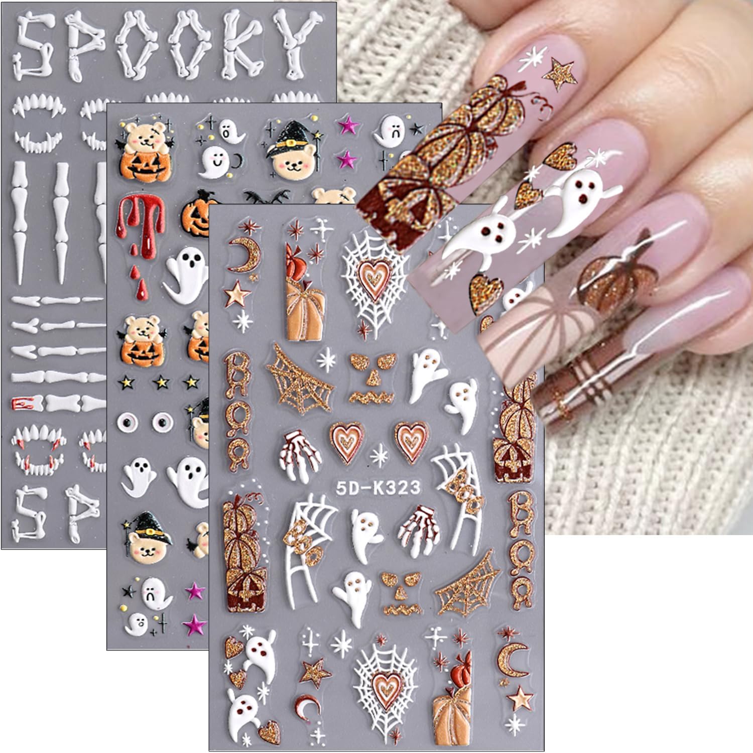 5D Halloween Nail Stickers Cute Ghost Nail Decals Self-Adhesive Pegatinas Uñas Stars Moon Pumpkin Bear Fall Design Supplies Spooky Hand Skeleton Nail Art Stickers DIY Nail Decoration for Women 3Pcs