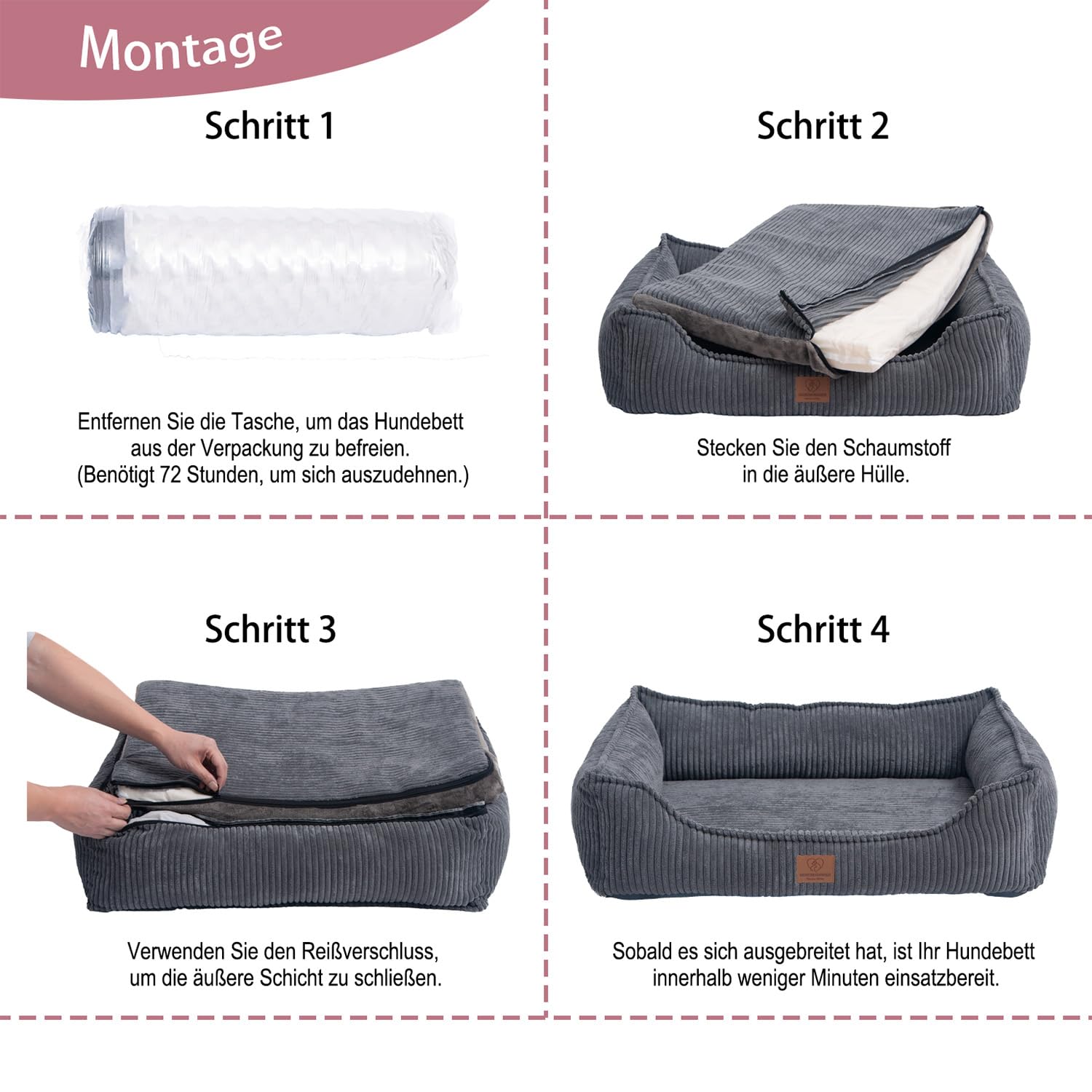 Orthopädisches Premium Hundebett aus Cord für kleine und mittelgroße Hunde, extra Halteschlaufe, Wasserdichter Innenbezug, Hundesofa, Hundekissen, Bezug abnehmbar, waschbar, 80 x 60 x 17 cm, Grau (M)