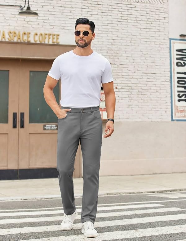 COOFANDY Mens Stretch Golf Pants Business Casual Relax Fit Dress Slacks Elastic Waist Tapered Wrinkle Free Work Trousers Dark Gray by COOFANDY - Used condition - Image 3