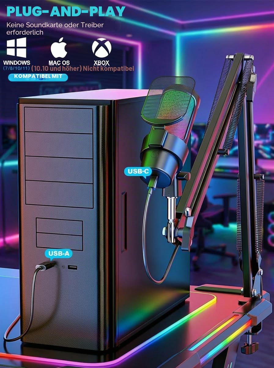 Gaming Mikrofon mit Arm Plug & Play USB Kondensator Mikrofon mit RGB Licht, Mute-Taste, Pop-Filter & 1,8m USB-Kabel Mikrofon für PC, Laptop, Mac, PS4, PS5, Streaming, Podcast & Videokonferenzen | Mute-Taste, Pop-Filter, 1,8 m USB-Kabel, klare Sprachaufnah