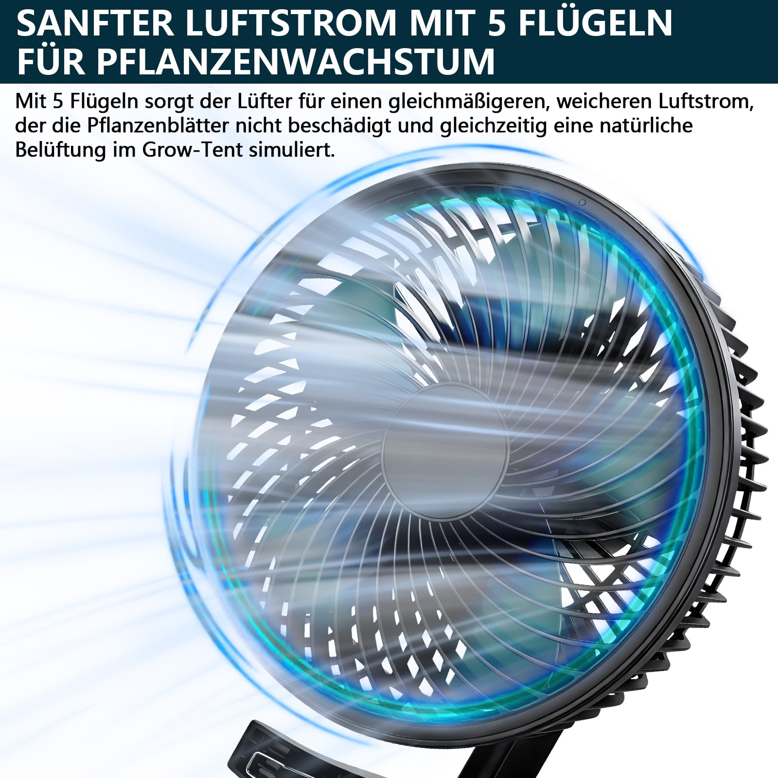 Grow Ventilator Oszillierend mit Clip, EC-Motor, 10 Stufen, 300 cm Kabel | 544 m3/h Luftstrom, 28 dB(A), Ø 150mm Clip Ventilator Umluftventilator leise für Grow Zelte, Anzuchtzelt (1 Stück)