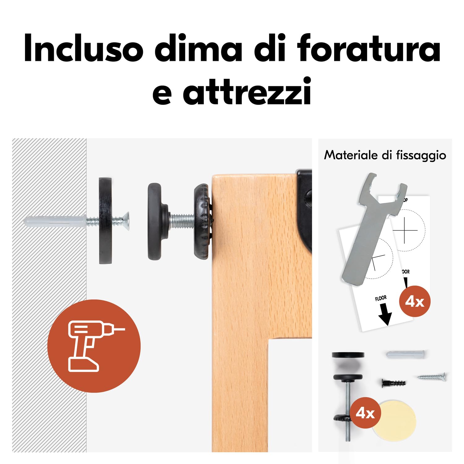 hauck Clear Step Easyclose Eco, Legno di Faggio - Cancelletto di Sicurezza Porte e Scale Interno per Bambini e Cani - Regolabile 75-80 cm con Viti Incluse - Alto 76 cm - Fissaggio Stabile con Fori