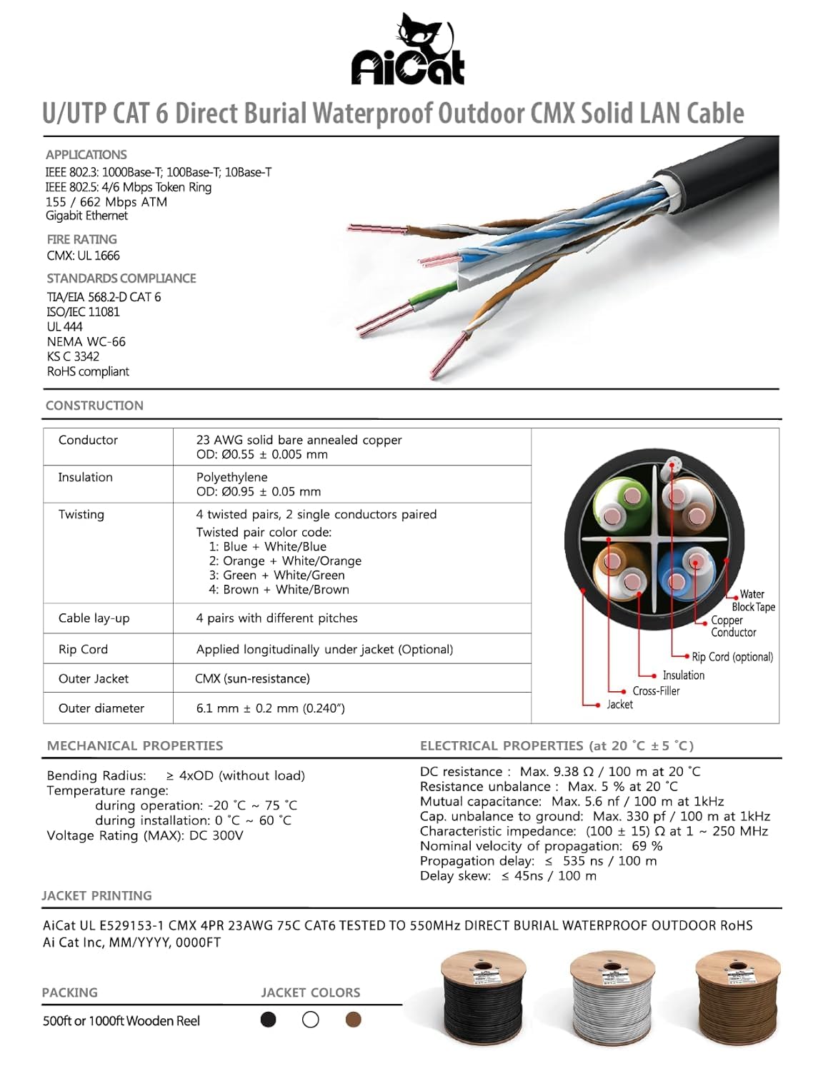 AiCat Direct Burial Outdoor Ethernet Kabel 150 m wasserdichtes CMX, UTP schweres Netzwerk- und Gaming-Ethernet-Kabel (Cat6, schwarz)