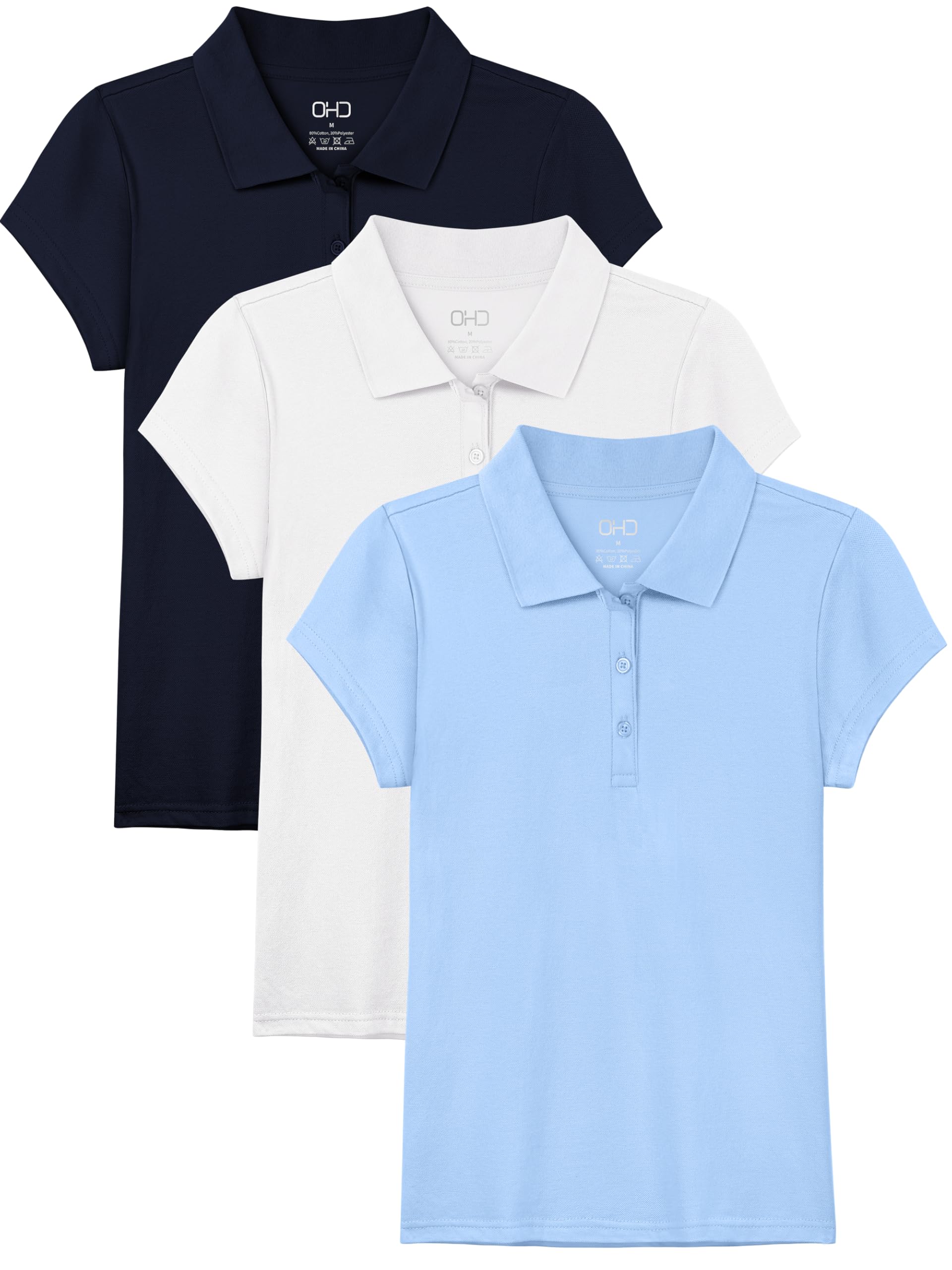 OHD 3 Pack Girls Polo Shirt Cotton School Uniform Polo