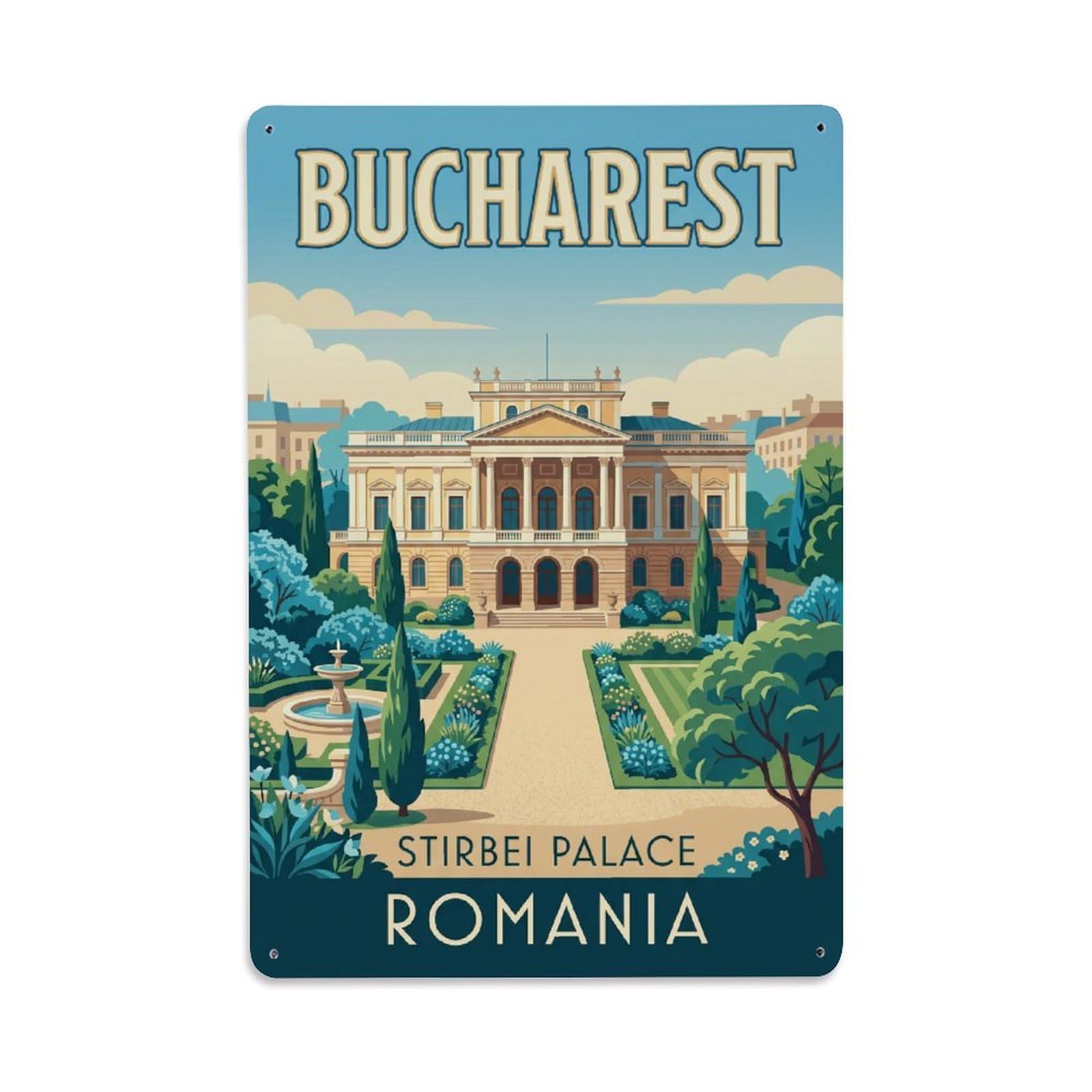 Vintage Travel Bucharest Stirbei Palace Clean Romania Metal Tin Sign Plaque Wall Decor for Cafe, Club Bar, Office, Home Garden Metal Poster 8x12Inch