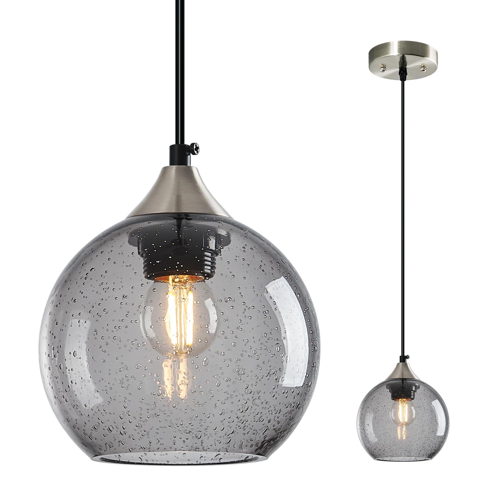 LBSQJ Light Grey Glass Pendant Lights Kitchen Island Globe Pendant Light Fixtures Modern Pendant Lighting for Bedroom Living Dining Room Light Fixture (5.9 in, 1 Pack)