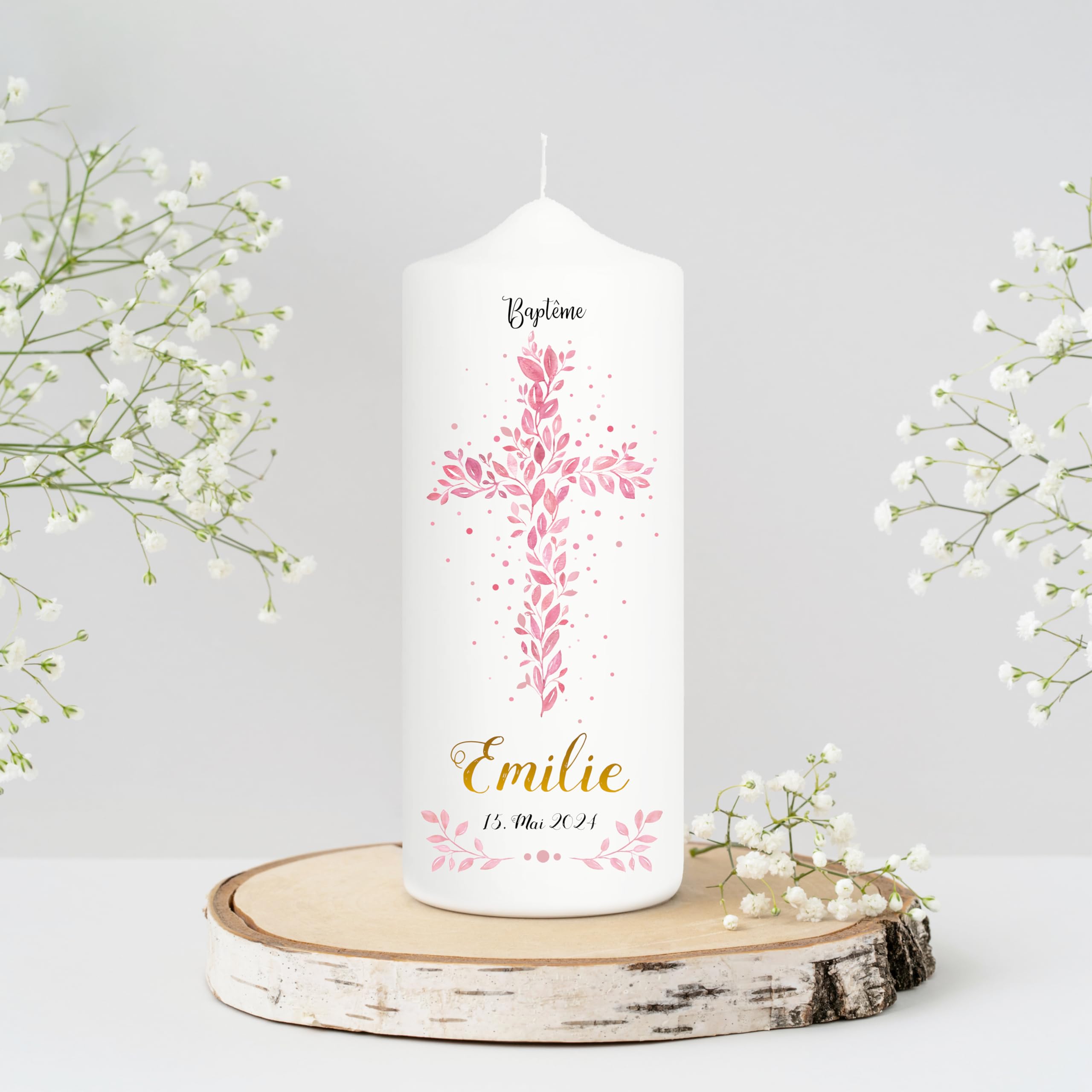 Bougie Baptême personnalisée Fille motif Croix florale rose – Cierge Baptême avec prénom et date – Cierge de parrainage – Bougie imprimée – Cadeau parrain marraine – 18 x 7 cm
