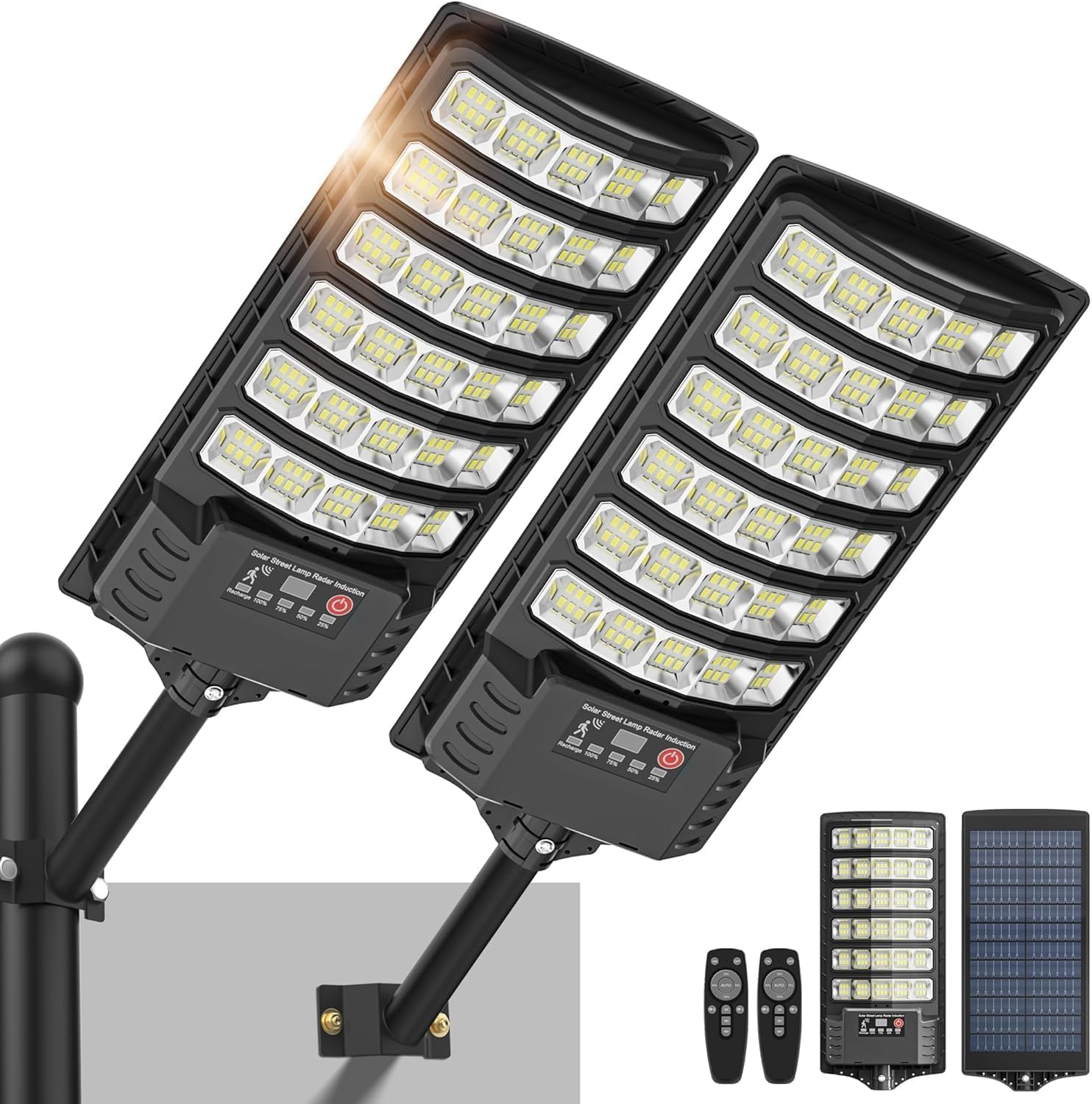 800W Lampione Solare Led Esterno 2 pezzi,IP66 Impermeabile Lampada Stradale Solare con Sensore di Movimento,320° Angolo Illuminazione Faretto Solari con Pannello per Giardino,Strada