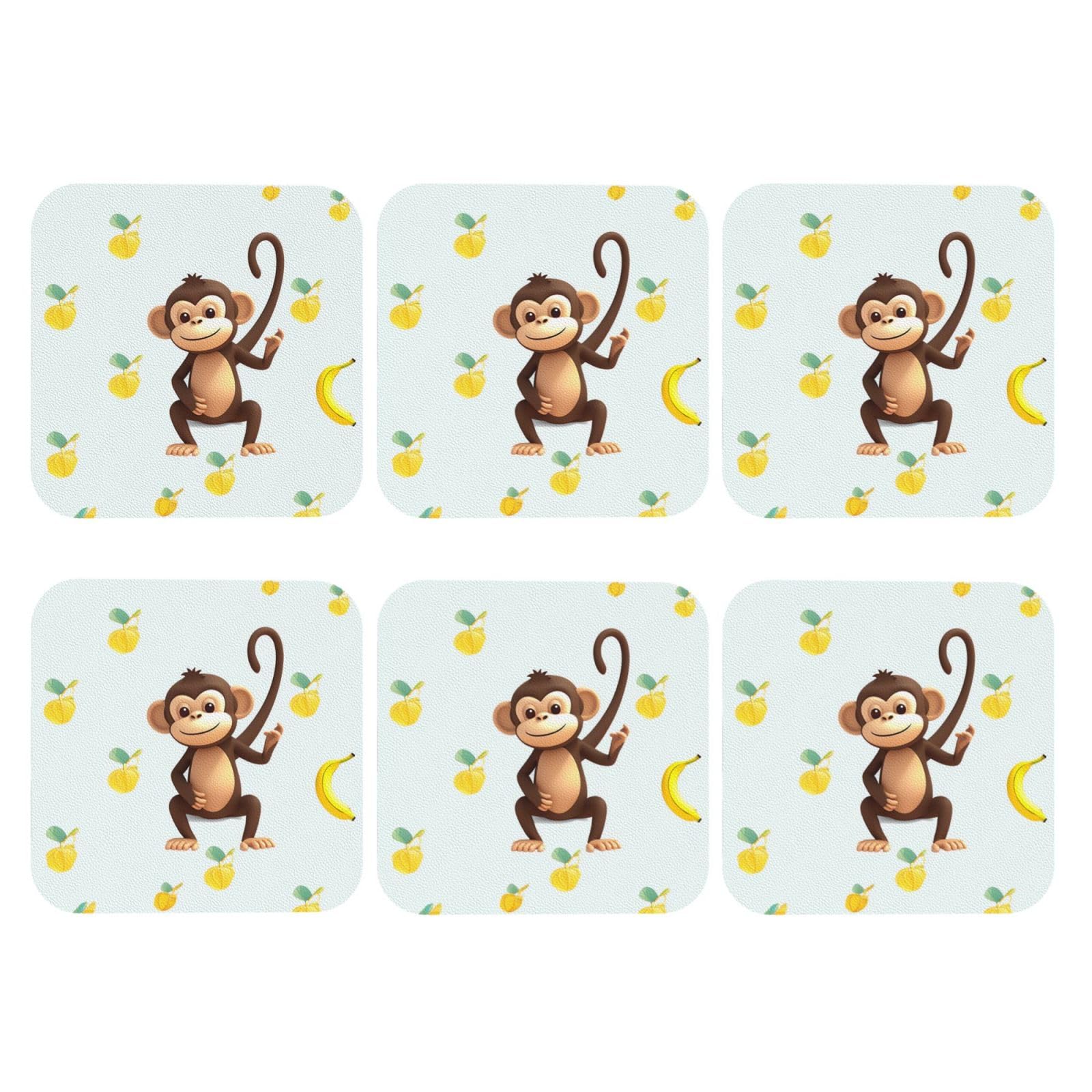 6pcs Leather Coasters for Drinks, Monkey and Banana Drink Coasters for Tabletop Protection, 4" Cup Coasters for Coffee Table Decor, Non-Slip Drinking Cup Mat for Hot Or Cold Drink