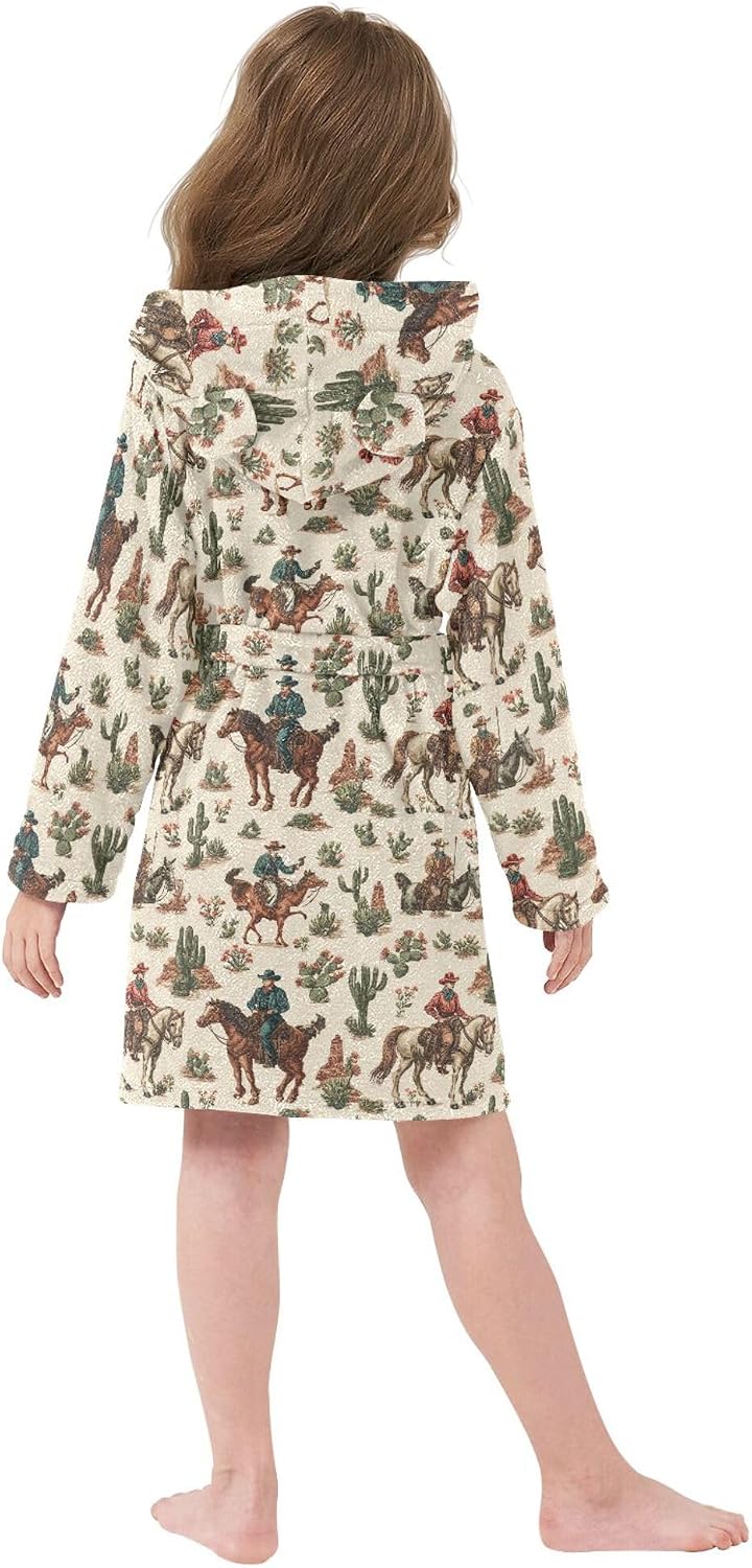 Vintage Western Cowboys Horses and Cactus Bathrobe Hooded PJ Robe Soft Fleece Robe Sleepwear 2-12 Years