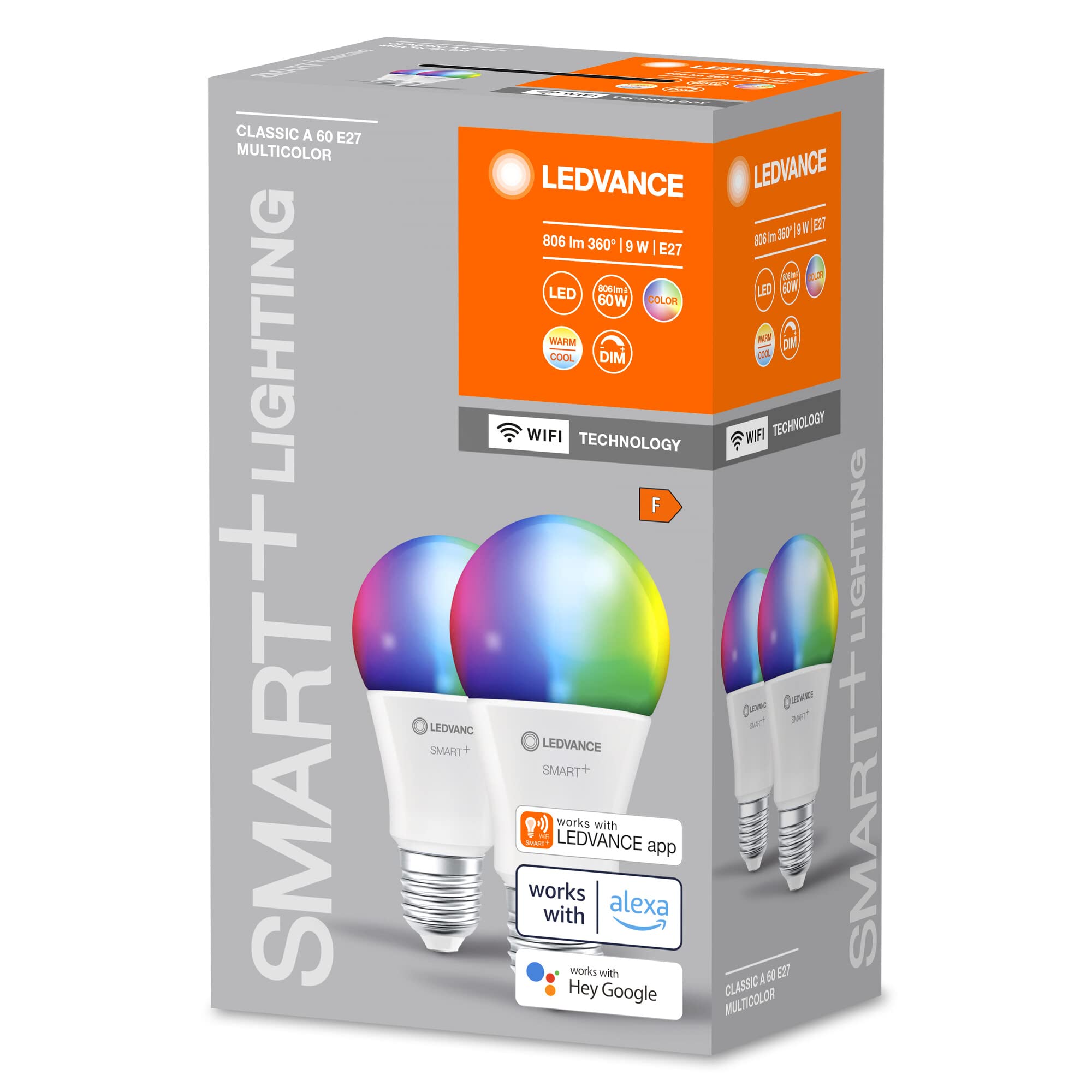 LEDVANCE Slimme LED lamp met WiFi technologie, E27-basis matte optiek,RGBW- kleuren veranderbaar, lichtkleur veranderbaar (2700K-6500K), 806 Lumen, substituut voor 60W-verlichtingsmiddel, 2-Pak