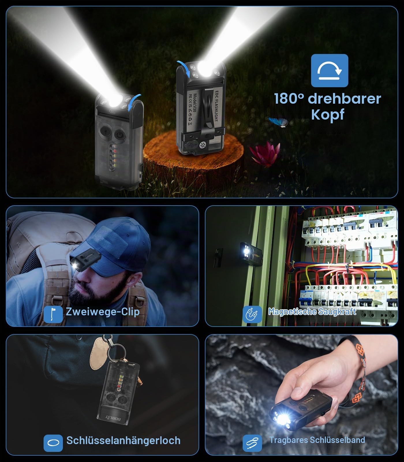 BORUIT V30 Taschenlampe LED Aufladbar mit UV und Rotlicht, Mini Taschenlampen 180° Drehbar, Klein Flashlight 120 dB-Summer 12 Modi, 900 Lumen IP65 Wasserdicht A/C-C Torch (Schwarz)