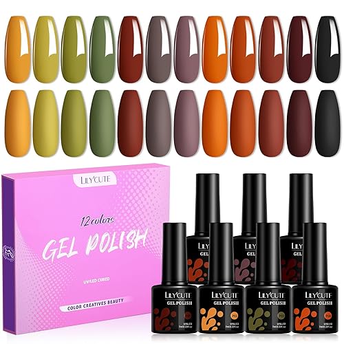Lilycute - Juego de esmaltes de uñas de gel de otoño, 12 colores, marrón, verde, naranja, negro, juego de esmalte de uñas de Halloween, manicura