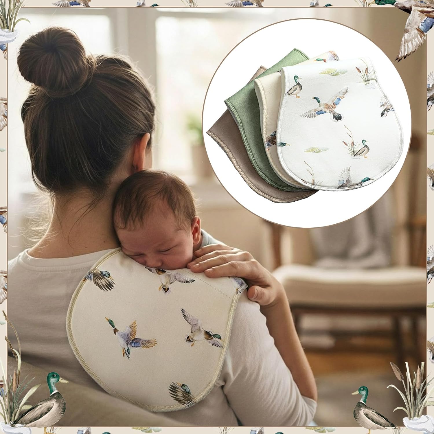 Boao 4 Pcs Mallard Duck Baby Burp Cloths Duck Hunting Soft Plush Newborn Spit up Rags Mallard Burp Cotton Cloths Rag for Boy Girl Newborn Infant Gifts Nursery Decor 20.87 x 9.84 Inches(Hunting,Green)