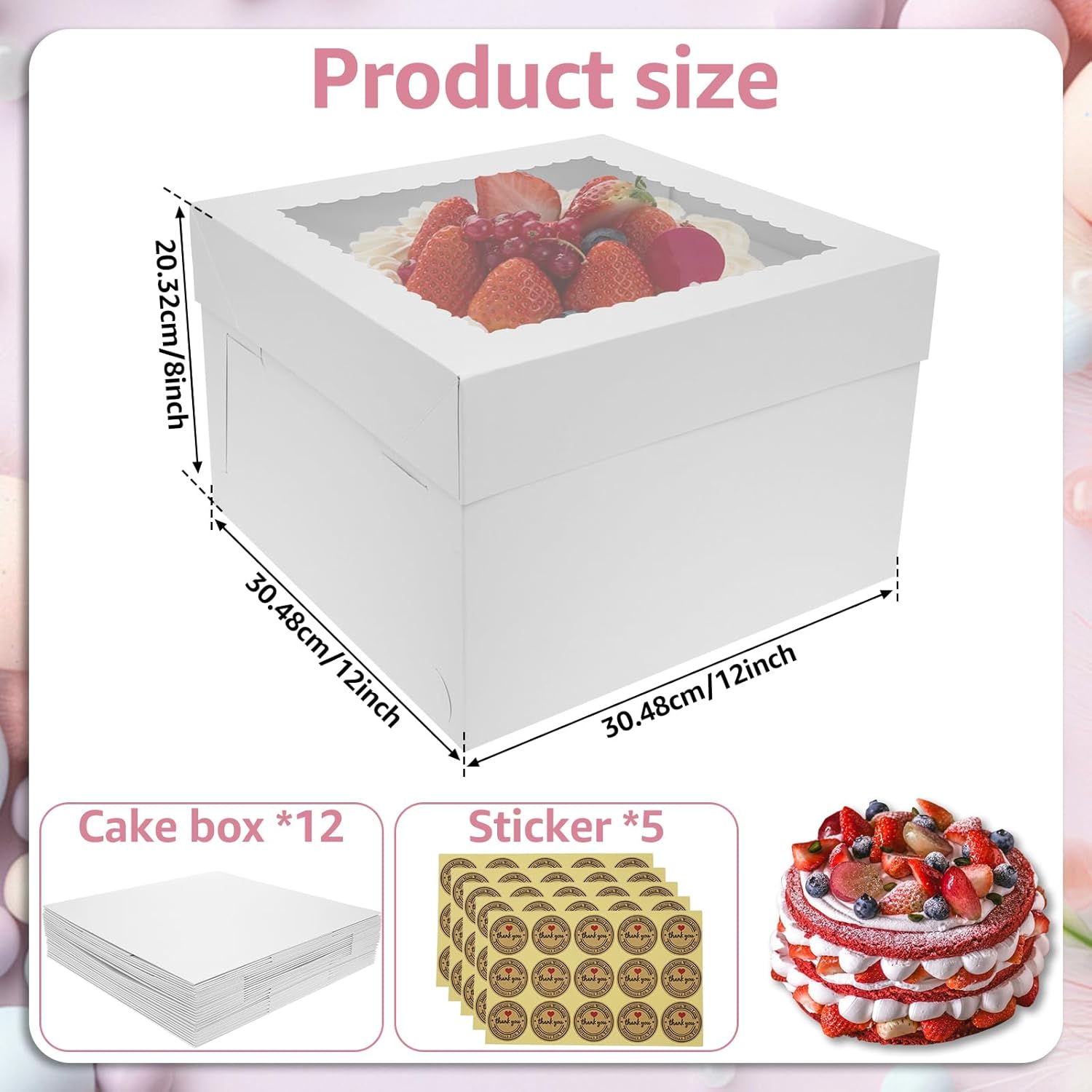 US 12 PCS Tall Bakery Boxes with Clear Window Easy to Fold Cake Boxes Cake Containers Versatile Cardboard Bakery Take Out Carrier Large Dessert Cake Boxes for Party(12,White)