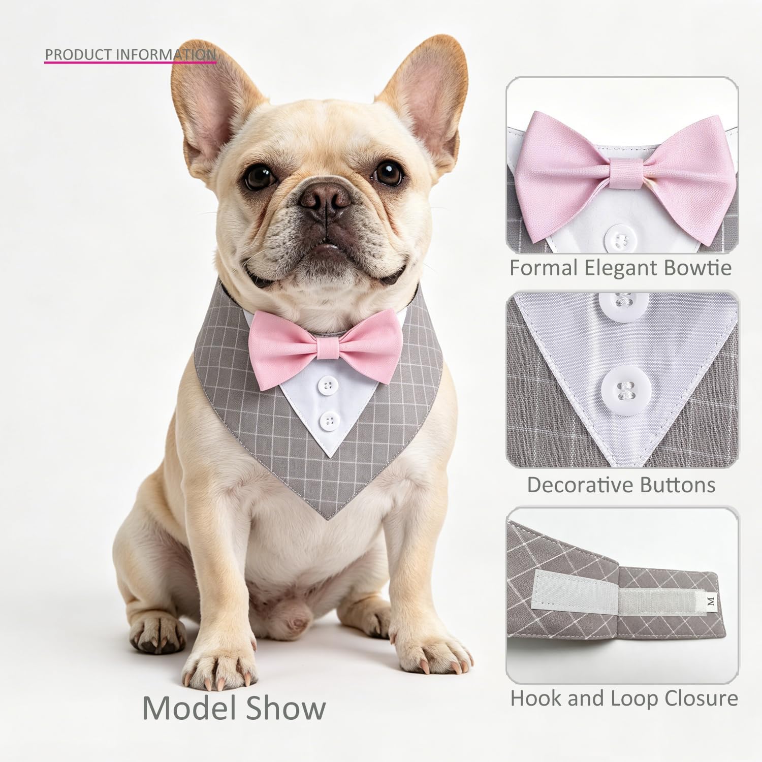 Dog Tuxedo Bandana Adjustable Collar, Grey Plaid Formal Pet Triangle Bib with Pink Bow Tie, Neckerchief for Wedding Birthday Dress-up Cosplay Party (S) image 2