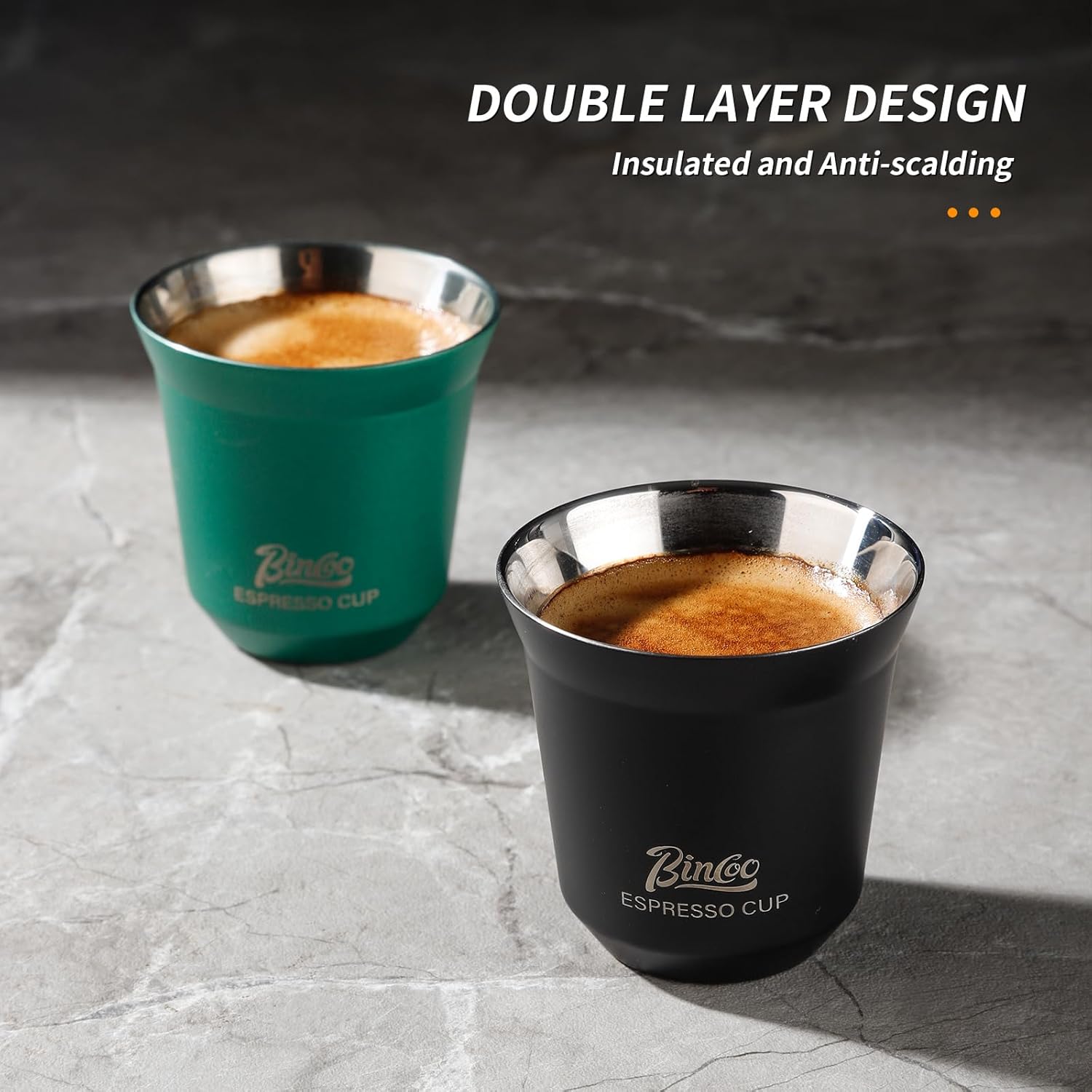 Bincoo Stackable Espresso Cups Set,2 Pack Double Wall Stainless Steel Insulated Espresso Shot Cups for Coffee Machines, Unbreakable and Stackable,2.7oz