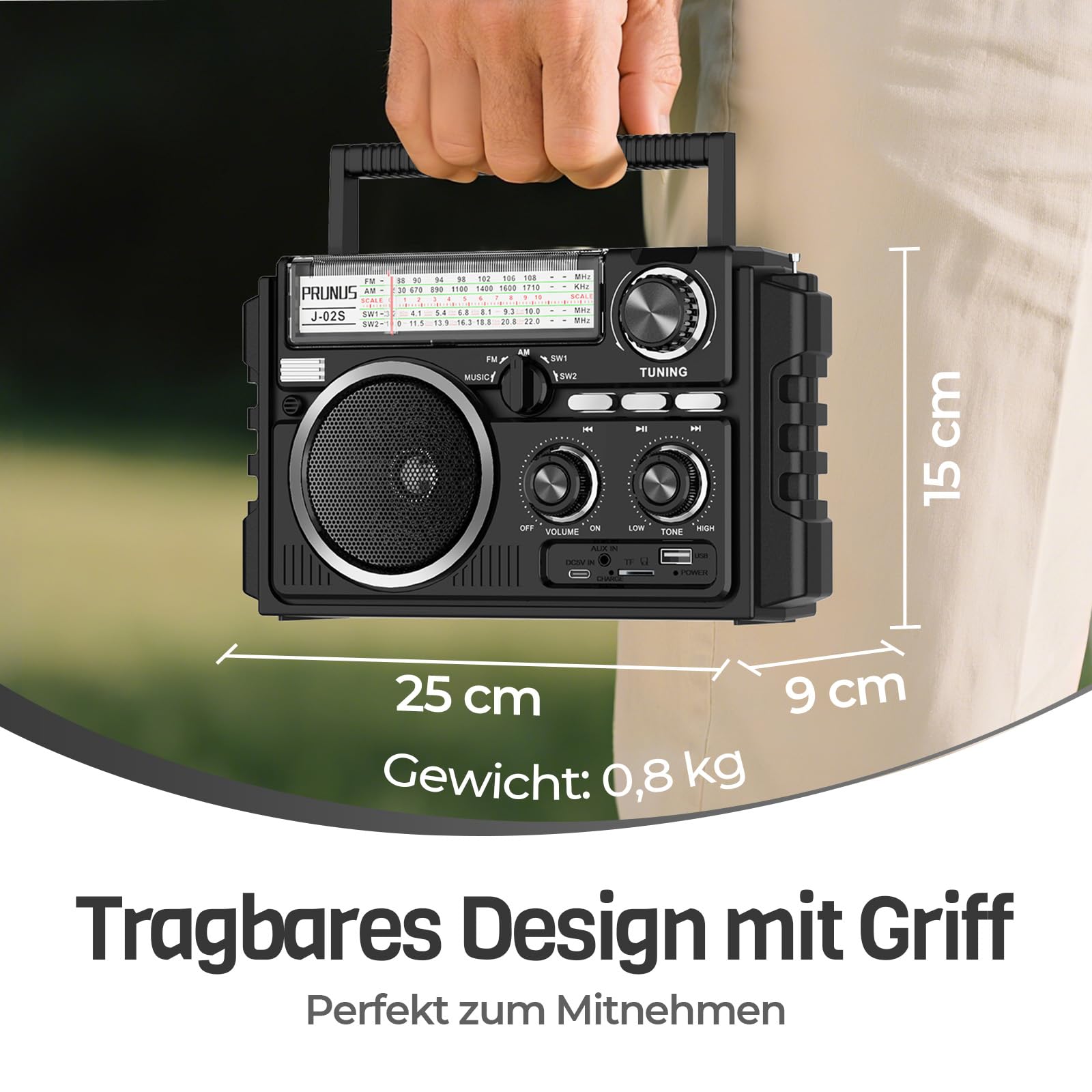 PRUNUS J-02 AM/FM/SW Weltempfänger Radio Klein, Solar Radio mit Akku 1800mAh oder D-Zellen Batterien, Transistorradio mit Zwei Antennen, Kofferradio unterstützt Bluetooth 6.0/TF-Karte/USB Spielen.